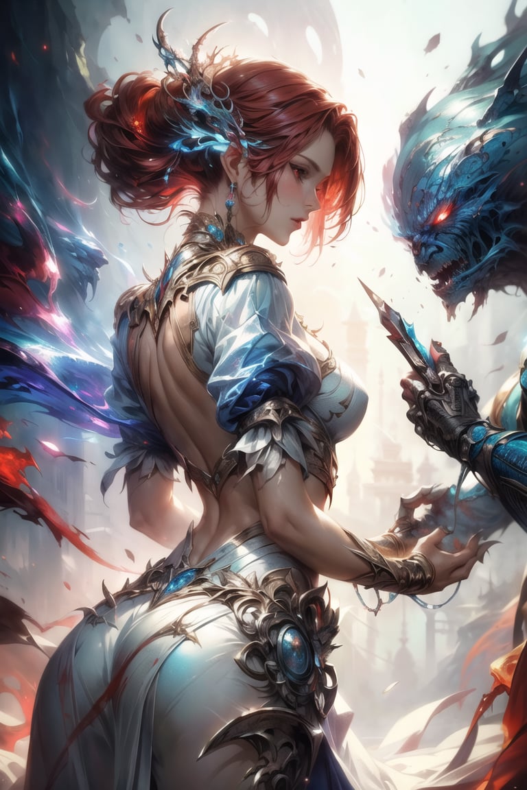 Stunning female figure, white outfit accentuating, skirt, red hair illuminated with backlighting, holds gaze dramatically, volumetric lighting casts a sensual aura, in an artistic fusion influenced by Russ Mills, Sakimichan, Wlop, Loish, Artgerm, Darek Zabrocki, Takato Yamamoto, Jean-Baptiste Monge, Daniel Merriam, Nikolina Petolas, Peter Gric, Dariusz Klimczak, highlighted with iridescent and, Watercolor, trending on artstation, sharp focus, studio photo, intricate details, highly detailed, by greg rutkowski