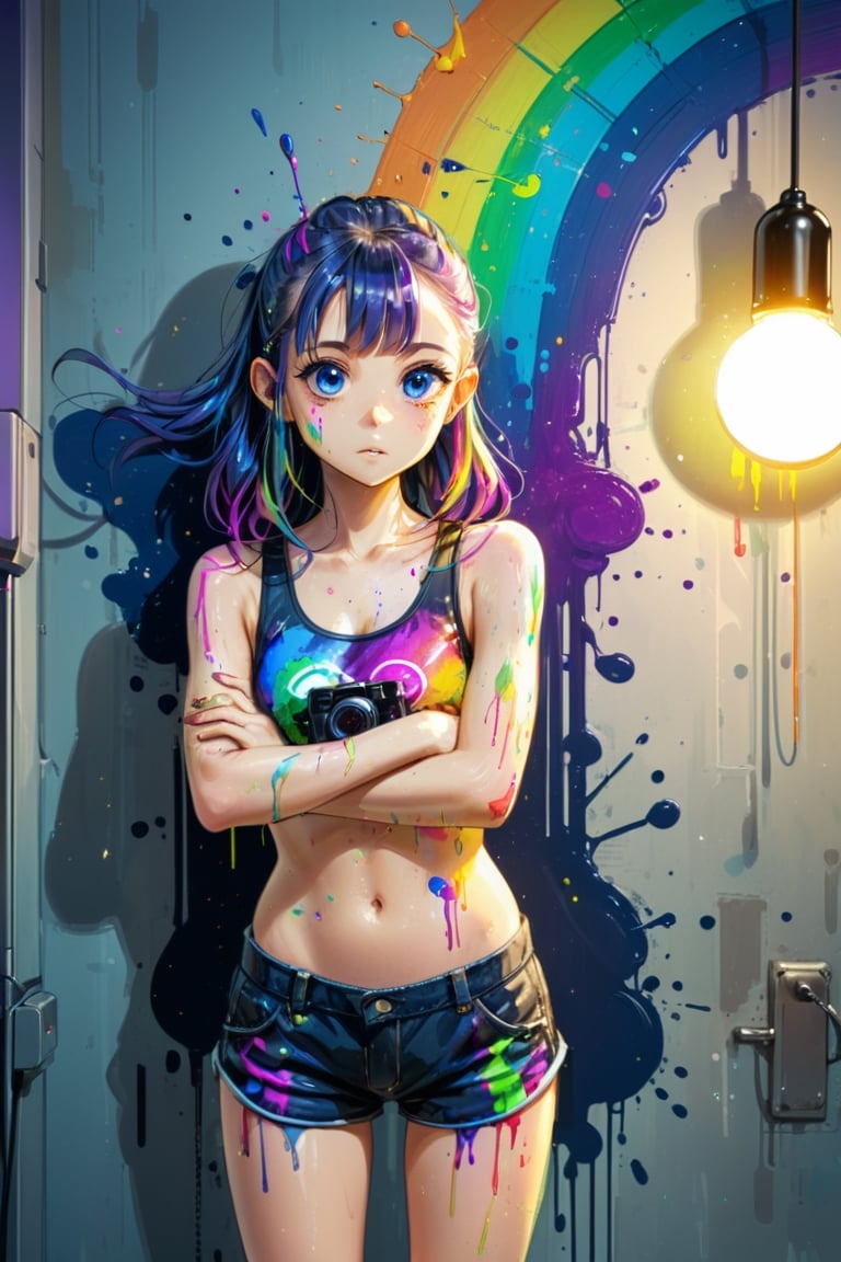 (paint splash),colorful glitter color,lamp,rainbow,cyberpunk,The girl,Look at the camera,Gooey girl,Flowy tank shorts,against the wall,big round eyes,Cute,