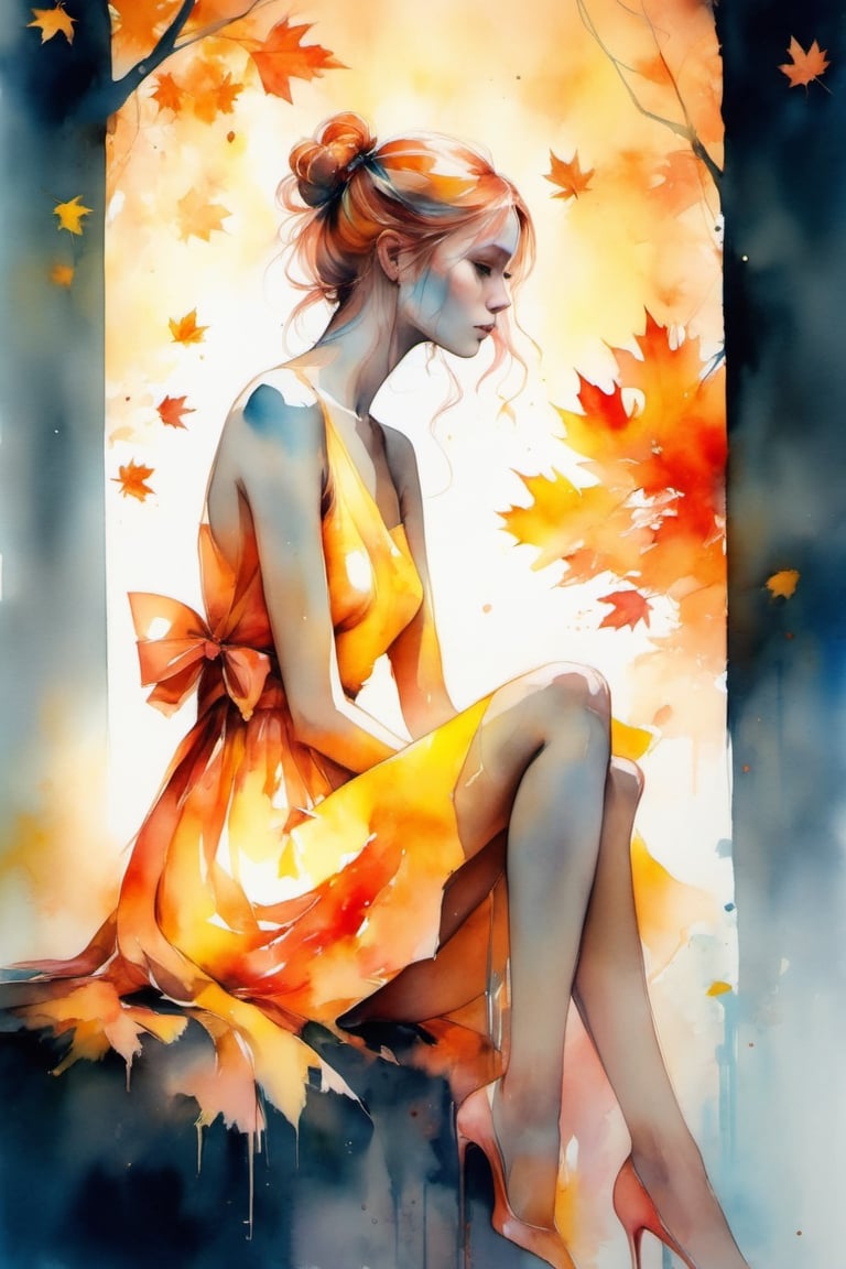 (8K, Best quality, Masterpiece:1.2),(Best quality:1.0), (超高分辨率:1.0), aquarelle, A beautiful woman, Shoulder, tress ribbon, upper legs,Sitting,author：Agnes Cecile, half-body portrait, extremely luminous bright design, Pastel colors, (ink:1.3), Autumn lights