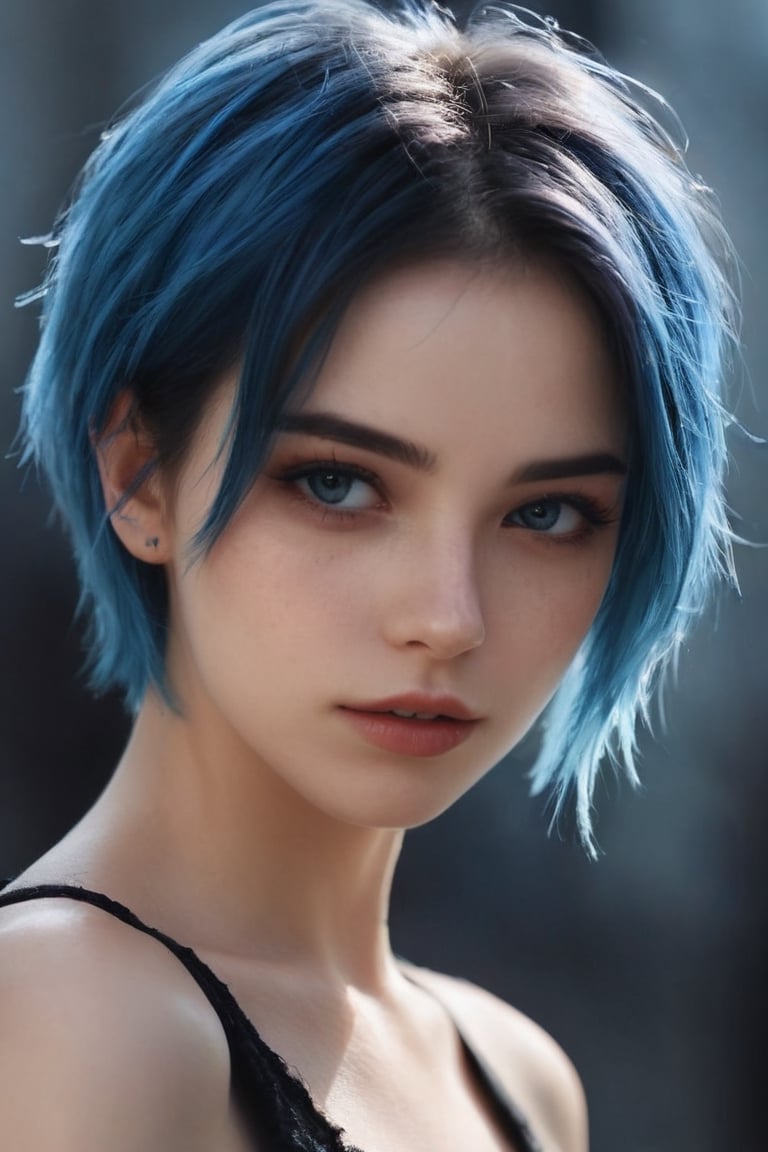 Beautiful girl, half-body portrait, Bright blue messy short hair, black eyeshadows, (street style wear:1.2), (urban backdrop:1.2), dark make-up, Digital art, trending on artstationh, Highly detailed, finedetail, Intricate,  beautiful detailed glow, Detailed, Cinematic light, A high resolution, Detailed facial features,Sharp focus, smooth, Aesthetic,