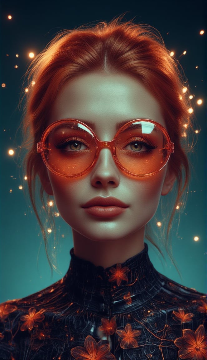 A futuristic flowerpunk heroine emerges from a swirl of dark teal and orange hues. A girl with vibrant orange hair and retro-futuristic glasses sports a mesmerizing smile, her eyes sparkling like polished chrome. Her gaze is framed by stylized, glossy digital lines, as if the artwork itself has come to life. In a 1:2 aspect ratio, the composition radiates energy, with swirling patterns of flowers and circuits dancing across her hair and clothing. Stylize this image at 750 pixels and bring it to life with v5.2's advanced AI brushstrokes.