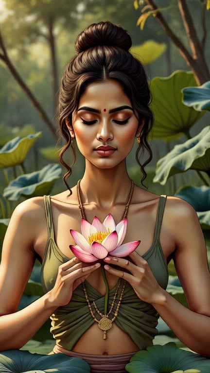 A picture of a serene yogi holding a lotus flower, inspired by Deepika Padukone, serene eyes details, graceful hands, and tranquil appearance, meditating in a peaceful garden, Minimalistic style, calm and balanced focus portrait, muted and earthy colors, drawn by Dustin Nguyen --ar 9:16 --q 2 --niji 5