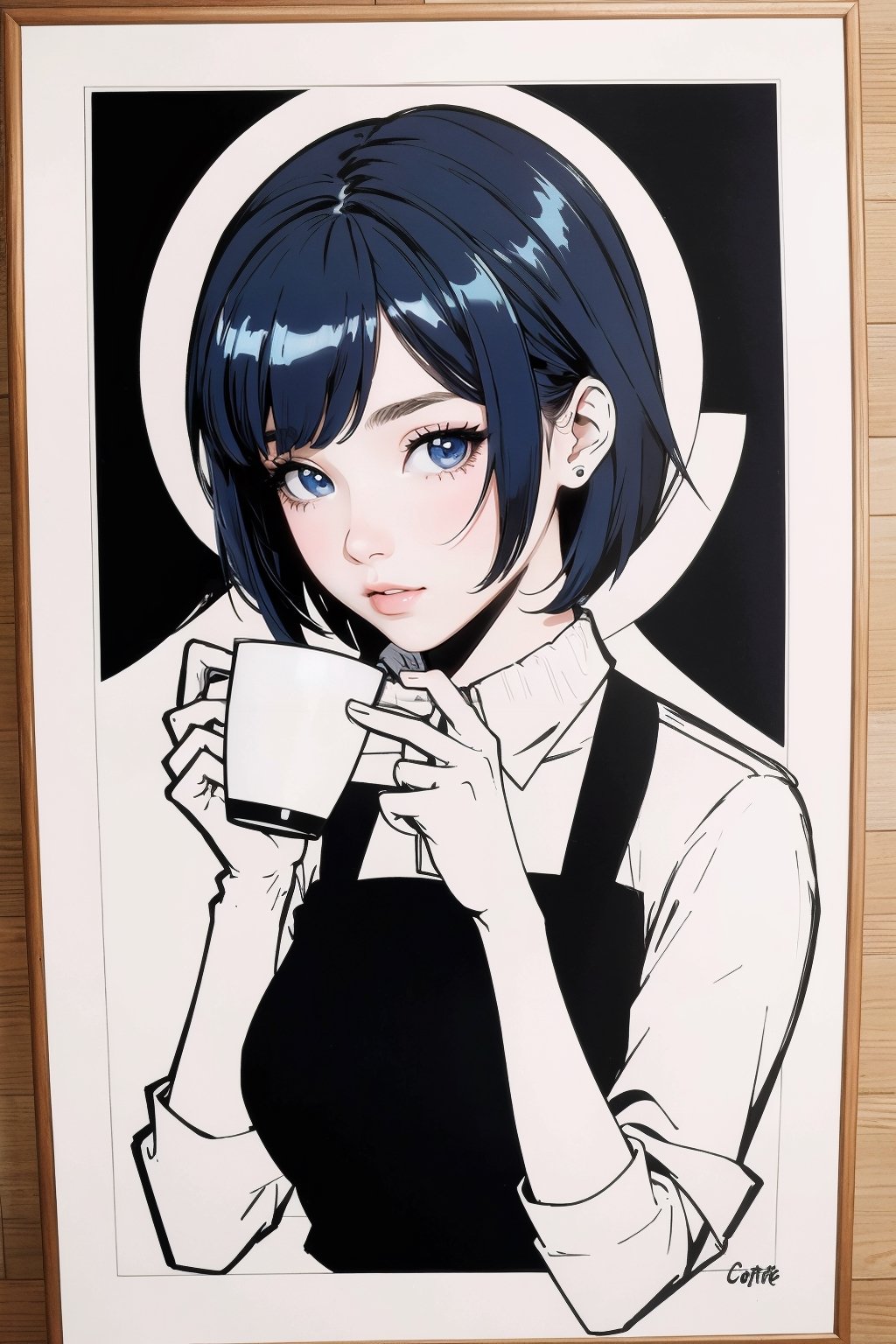 coffee girl with blue hair,monochrome