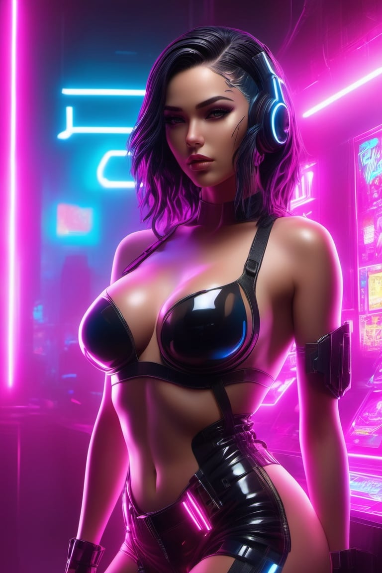 there  is VALKYRIE standing, long hair, 3 d neon art of a womans body, neon-noir background, cyberpunk femme fatale, seductive cyberpunk dark fantasy, cyberpunk strip clubs, cyberpunk 20 y. o model girl, oppai cyberpunk, banner, high definition cgsociety, cgsociety masterpiece, trending on cgstation, kda, random hair, looking at camera, gigantic breasts, cleavage, (high detailed skin:1.2), 8k uhd, dslr, super lighting, high quality, film grain, high res, highly detailed, hyper realistic, beautiful face, beautiful body, beautiful eyes nose lips, alluring expression, very bold, upper  visible, full body photo, standing legs apart, pale translucent glowing skin, most beautiful face, cute, (well defined pubic hair:1.2)), (dark plain black background:1.4))