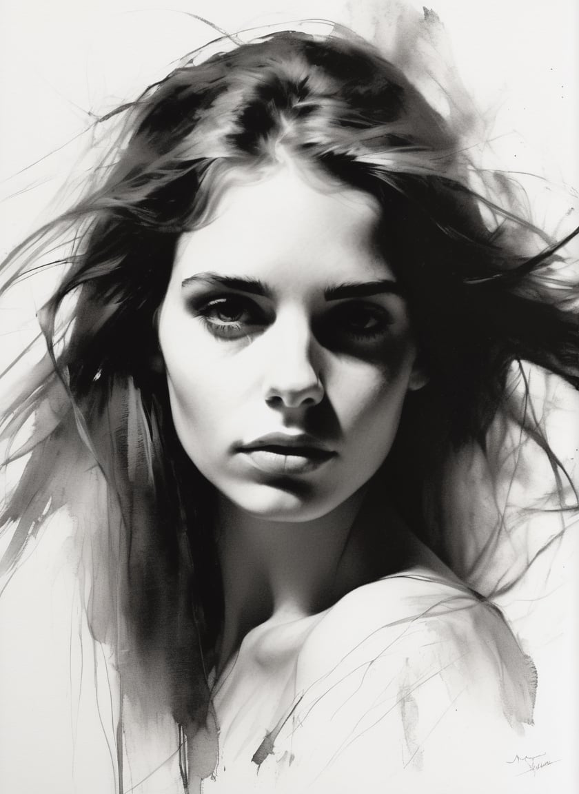 A black and white portrait of a beautiful young woman, with long windy hair, in the style of Mark Demsteader