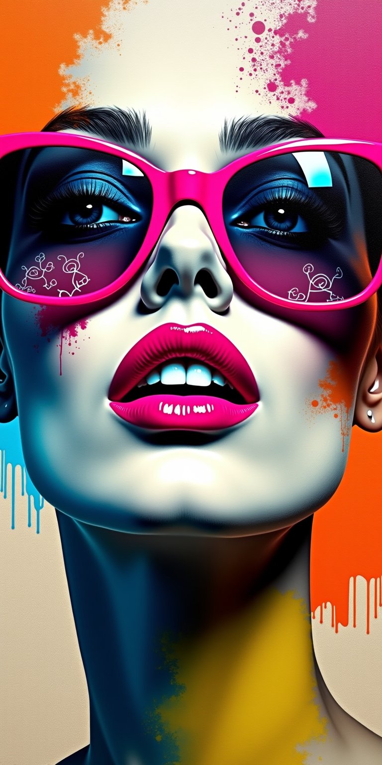 A mixed media artwork of a woman's face framed by glossy pink sunglasses, reflection detailing upwards eyes with intricate designs, bold pink lipstick slightly revealing blue-tinged teeth, soft-gray rendered nose centrally positioned, vibrant orange, blue, pink, yellow, and white paint splashes against a beige textured canvas, overlay of fine white lines and geometric shapes, high contrast, balanced gamma, flat even lighting, neon

e 