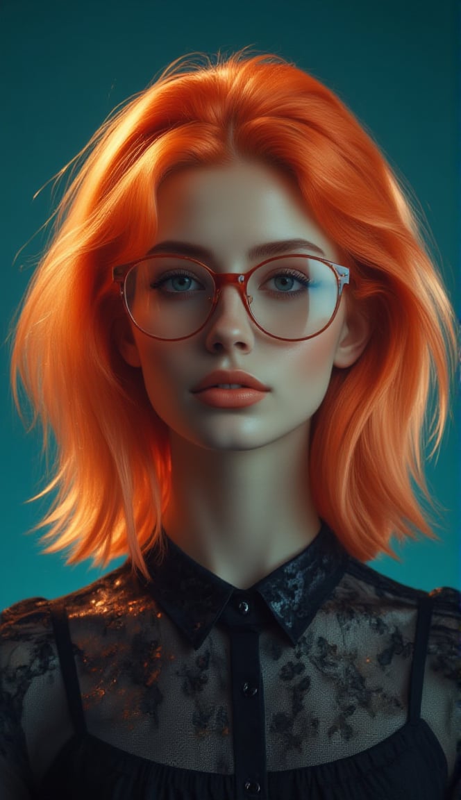 a girl with orange hair dressed in glasses, in the style of futuristic digital art, flowerpunk, shiny/glossy, dark teal and orange, charming characters, lively colors --ar 1:2 --stylize 750 --v 5.2