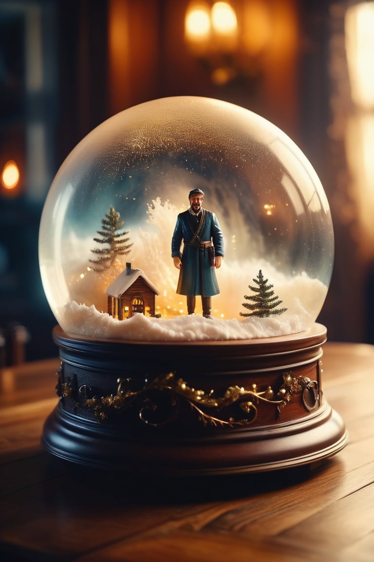 cinematic still, A snow globe with shipwrecked man calling for help inside of it on a table, large waves, best quality, highly detailed , a fire place in the background, warm lightning, emotional, harmonious, vignette, highly detailed, high budget, bokeh, cinemascope, moody, epic, gorgeous, film grain, grainy