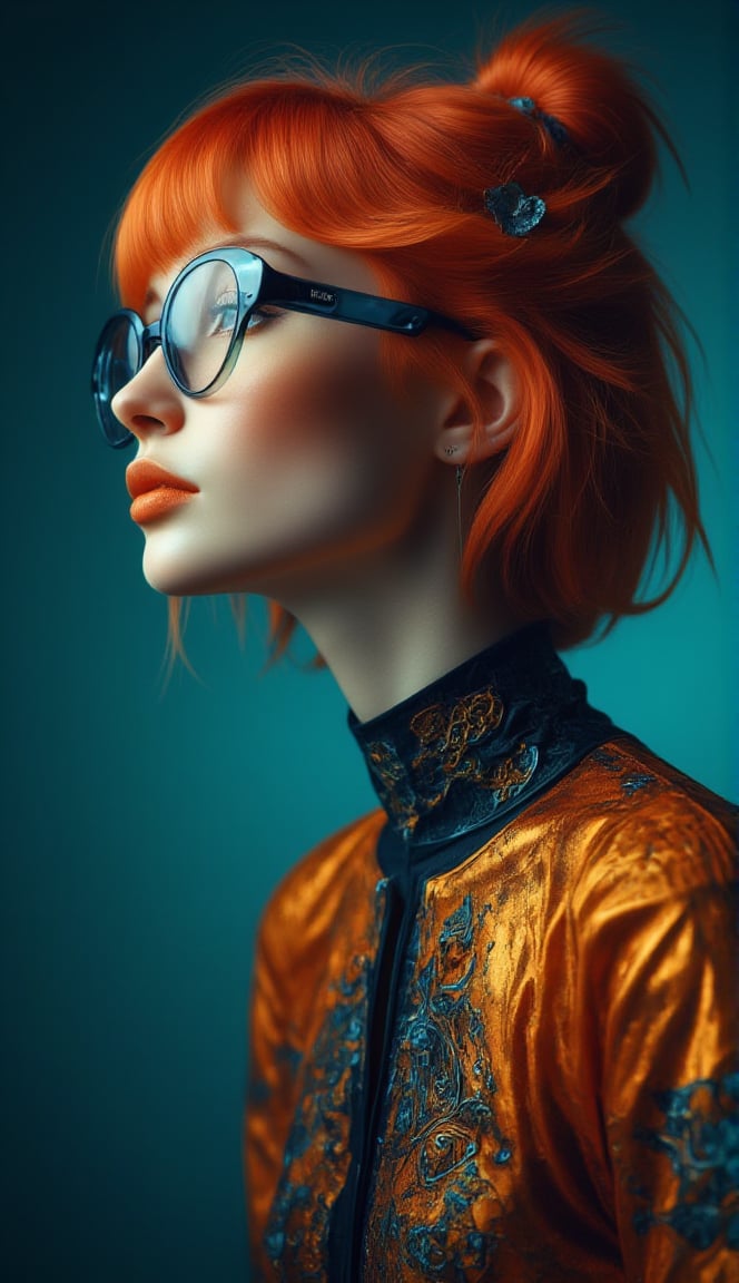 a girl with orange hair dressed in glasses, in the style of futuristic digital art, flowerpunk, shiny/glossy, dark teal and orange, charming characters, lively colors --ar 1:2 --stylize 750 --v 5.2