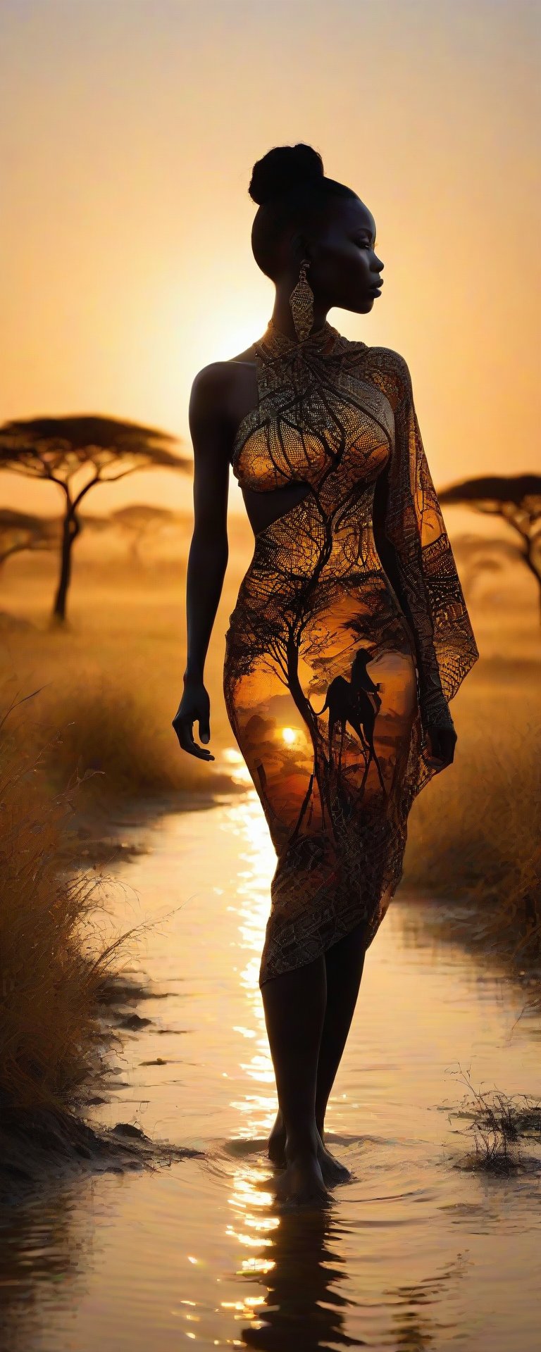 Exotic goddess silhouette emerges from the golden light of an African safari savannah sunset, cape flowing behind her like a dark mist. Intricately detailed, bokeh-lit geometric patterns dance around her alluring figure, as if infused with mystique. Steve McCurry's vivid realism meets Minjae Lee's surreal mastery in this stunning, double-exposed masterpiece.