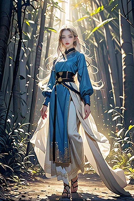 Create a full-length, front-on representation of Dawn Of Light, an ethereal and beautiful woman with long platinum hair and enchanting blue eyes. She is dressed in modest, glittering attire and wearing golden sandals, emanating light in an ethereal illuminated forest. 50kHD.