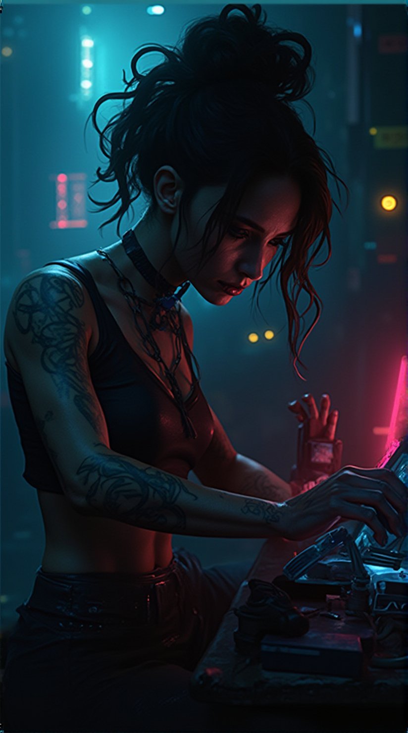 score_9, score_8_up, score_7_up, On the cybernetic streets of Night City, Judy Alvarez from "Cyberpunk 2077" works on a neon-lit tech project. Her tattooed arms and focused gaze accentuate her tech-savvy skills and rebellious allure, making her a standout character in a dystopian world.