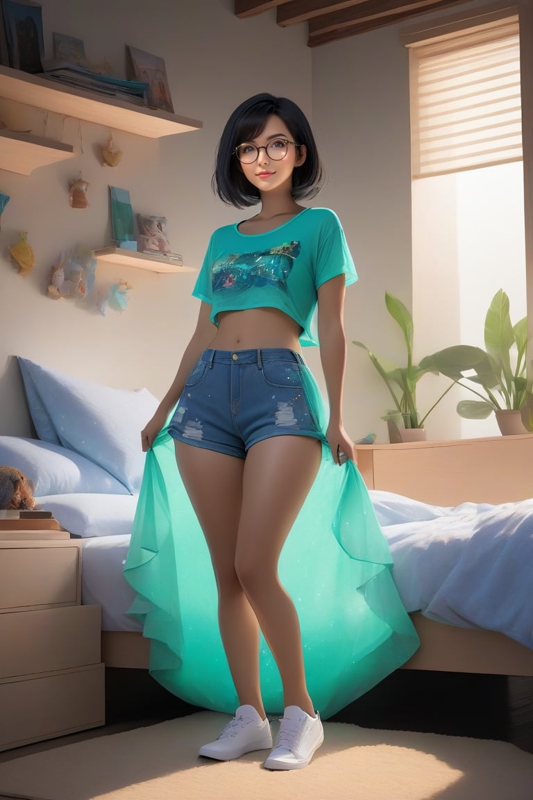 a woman is wearing glasses and cute top and short shorts stands near the bed, 1girl, solo, shorts, navel, glasses, black hair,  short shorts