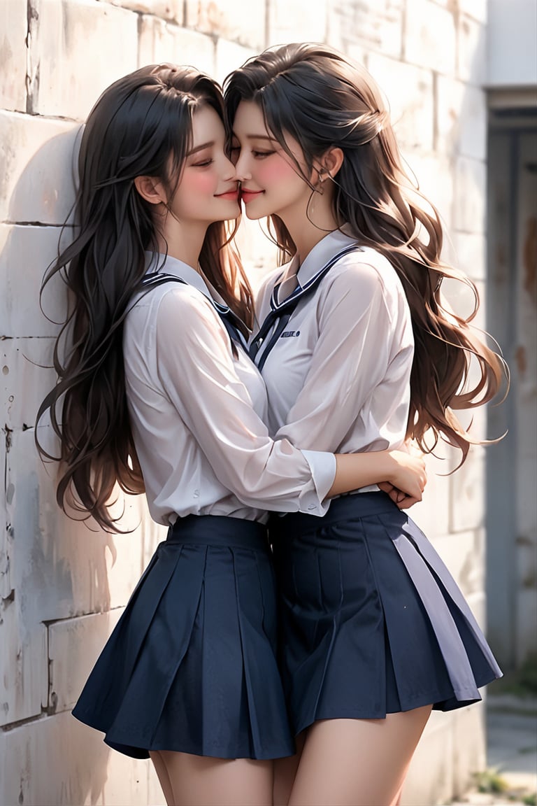 masterpiece, ultra detail, best quality, 2girls, against wall, serafuku, navy plits skirt, smile, blush, side view, girl pinned against wall, hug, kiss, close eyes