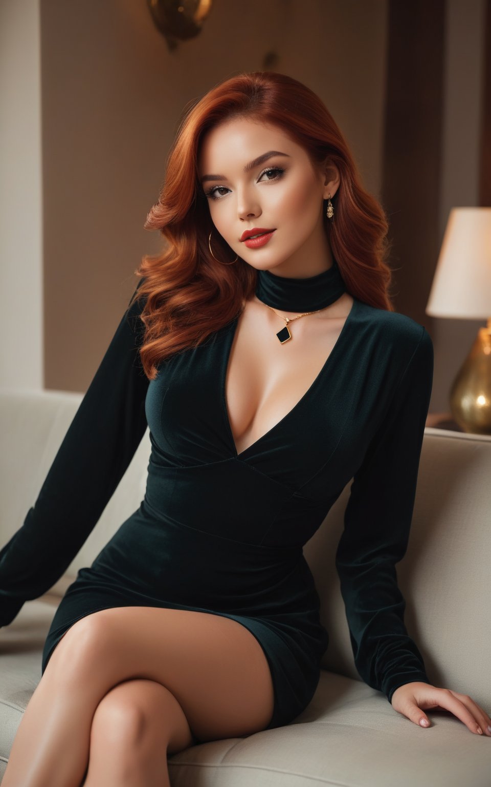 A sultry beauty poses on a plush sofa in a cozy living room. She wears a stunning black dress that accentuates her large breasts and highlights her striking red locks. Long sleeves cover her arms, while the dress's high neckline ensures her navel remains hidden. A delicate black choker adorns her neck, drawing attention to her radiant complexion. With a dynamic pose, she gazes directly at the viewer, exuding confidence and allure under the soft, warm lighting of the room.