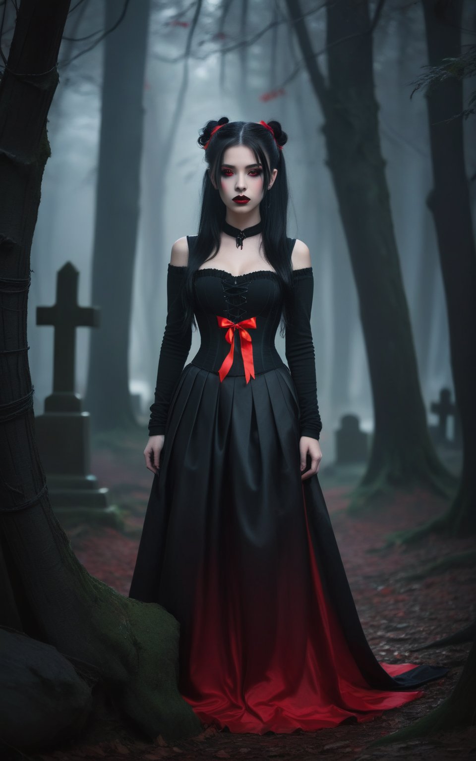 A goth girl stands amidst a dark forest, near a cemetery, her glowing red eyes piercing through the gloom. Her long, black hair is tied back in a ponytail with a red ribbon, and blunt bangs frame her pale face. Black lipstick accentuates her plump lips, while her brown eyes seem to bore into the viewer's soul. She wears a tight black sweater, perky breasts straining against the fabric, topped by a black corset that cinches at her waist. Her big ass and wide hips are clad in a flowing black pleated skirt, paired with black pantyhose and high heel boots that add to her menacing allure.