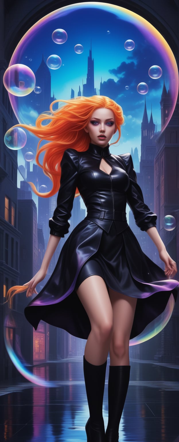 MSchiffer's vibrant illustration depicts an anime villainess amidst a kaleidoscope cityscape. The focal point is her captivating face, framed by floating iridescent soap bubbles and surrounded by swirling colors. Her dark attire contrasts with the electric hues of the urban landscape. A ponytail of fiery locks cascades down her back, held in place by bold gothic makeup. She dons a miniskirt and crop top, exuding confidence as she dominates the cityscape. ((Motion effects: soap bubbles fluttering, hair flowing)) In this mesmerizing scene, League of Legends' dark fantasy meets The Darkest Dungeon's eerie mystique, resulting in an unforgettable visual experience.,<lora:659095807385103906:1.0>