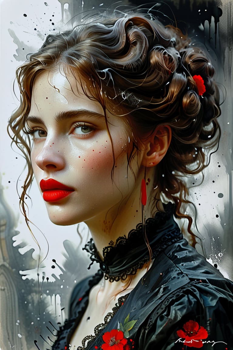 Victorian Hungarian women Women of the 19th century, Hazel hair, Red lips, Nice feature, Wadim Kashin, james gurney, ink, Splash Art", Amazing beauty , Royo, after sexing, Super detailed splash art modern European ink painting