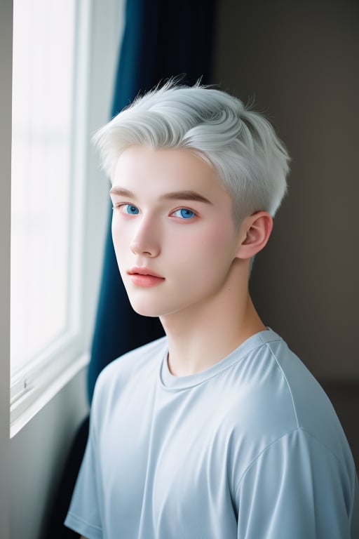 Photo in Raw, Fashion photo essay, a 20-year-old male model, white hair, light blue eyes, room with natural light, comfortable clothes, with contour light in the hair and soft light on the face, portrait plane, high quality, Sony A7III, 8k, 80mm 1.2 lens