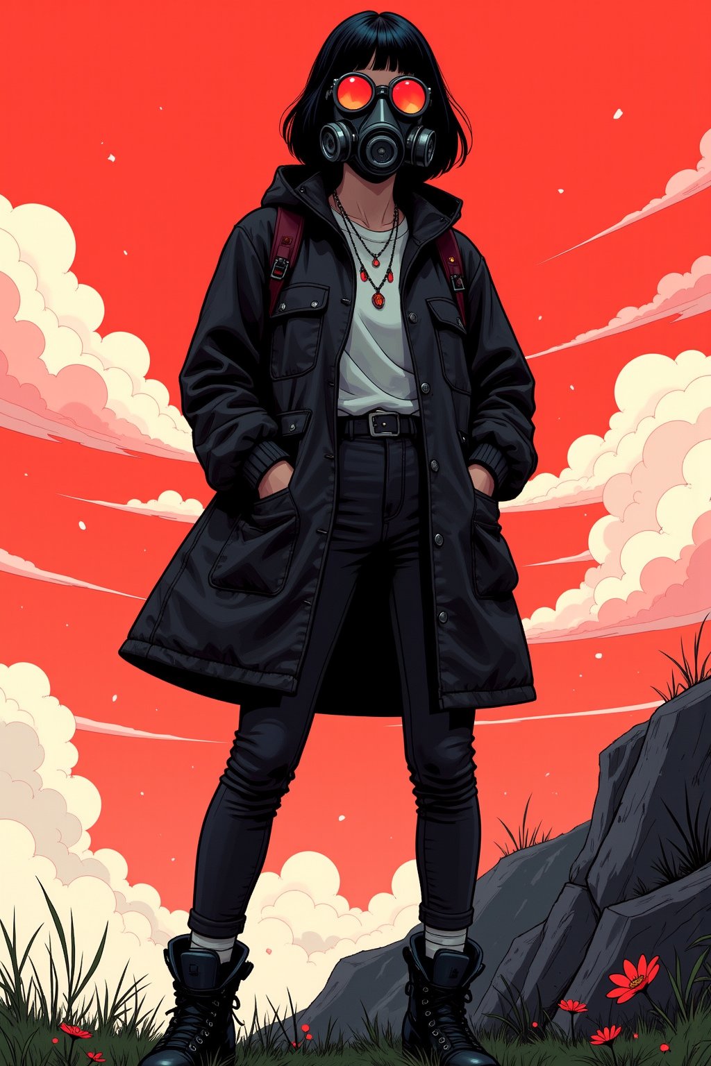 (full body, reddish vaporwae tone), abstract style, exquisite art, digital illustration, Ukiyo-E, comic style, fashion, street art, vintage, a girl with short black hair with bangs, wearing neon ornaments in her hair, an open black jacket, necklaces, a futuristic gas mask with red visors, is standing on a grassy cliff, and around her there is a red and white fog permeating, a cloudy dystopian day.