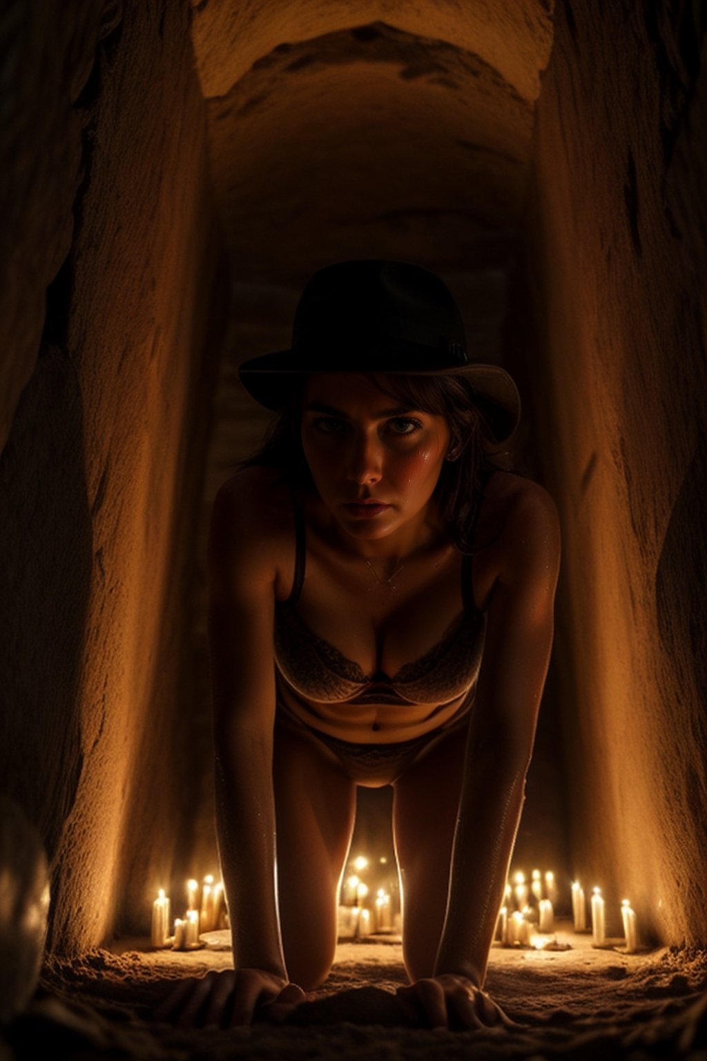 ((hyperrealistic, photorealistic, low angle, 8k, intricate details)), 1 beautiful and hot female archaeologist with blue eyes and brown hair, full breasts, thick thighs, silky skin, sweaty face, sweaty (moist) body, wearing a hat in beige safari, wearing panties and bra, barefoot, with an apprehensive expression on her face ((very detailed face)) she is crouched sideways walking through a mysterious and dark chamber of an ancient pyramid, lit only by small candles on the floor, in the corners ."