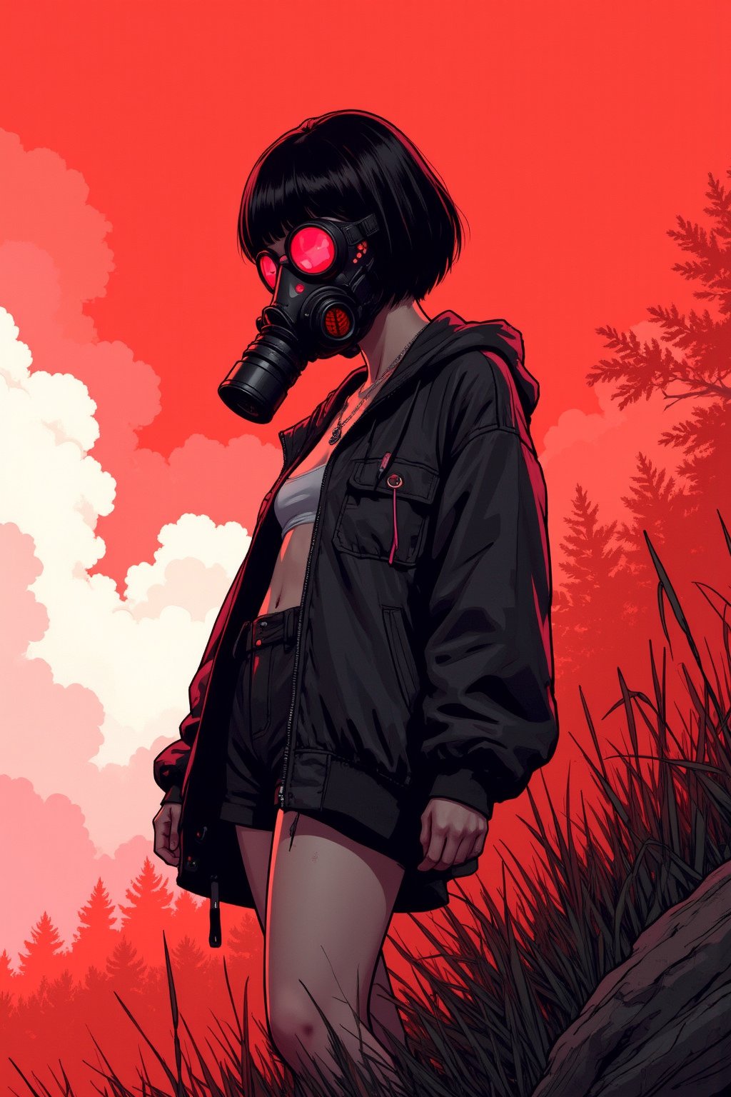 (full body, reddish vaporwae tone), abstract style, exquisite art, digital illustration, Ukiyo-E, comic style, fashion, street art, vintage, a girl with short black hair with bangs, wearing neon ornaments in her hair, an open black jacket, necklaces, a futuristic gas mask with red visors, is standing on a grassy cliff, and around her there is a red and white fog permeating, a cloudy dystopian day.