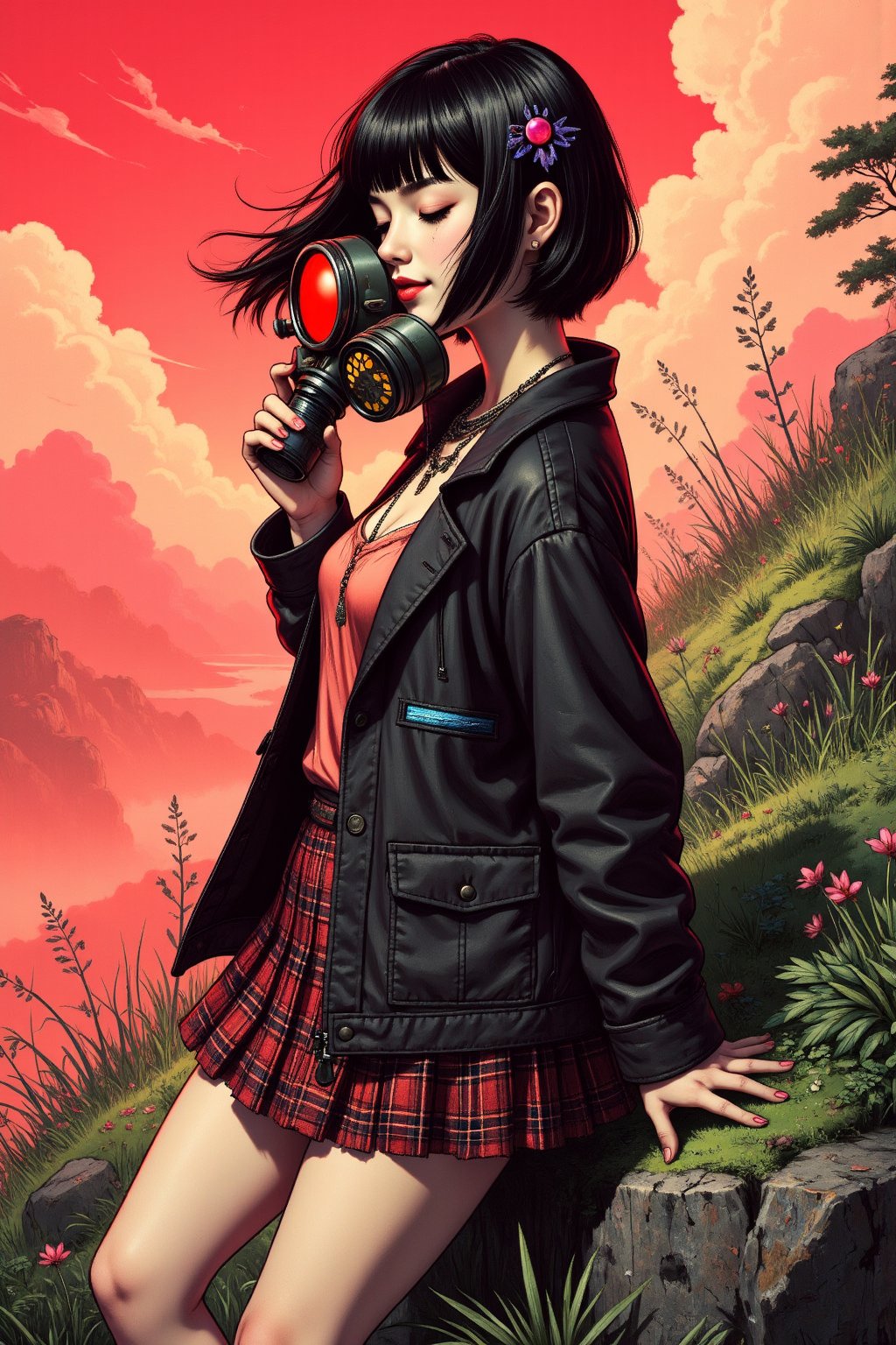 (reddish vaporwae tone), abstract style, exquisite art, digital illustration, Ukiyo-E, comic style, fashion, street art, vintage, a girl with short black hair with bangs, wearing neon ornaments in her hair, an open black jacket, necklaces, hair blowing in the wind, eyes closed, is standing on a grassy cliff, smiling and holding a gas mask with a red visor in her hand, and around her is a red and white fog, a cloudy dystopian day.