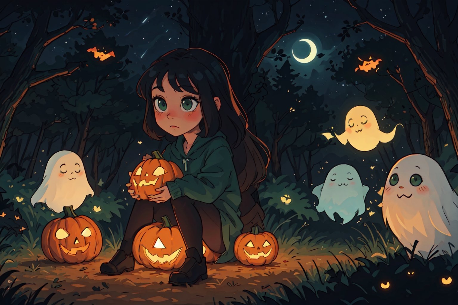 masterpiece, 8k, best quality, cute girl, witch, long black curly hair, green eyes, blush, sitting on pumpkin, dark forest, ghost behind, darkness, atmosferic, midnight,, cute, cartoon