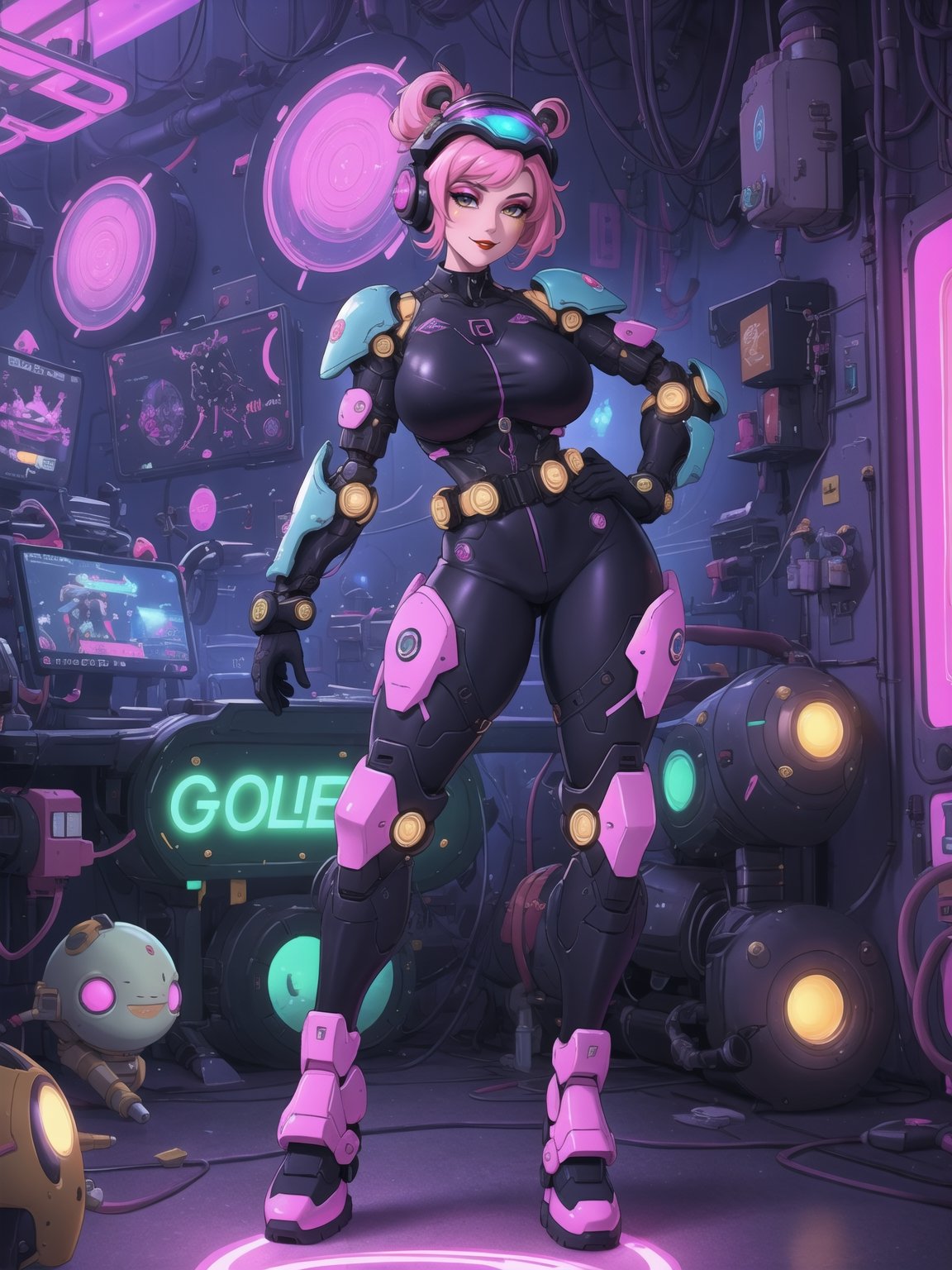 Kariania is a 25-year-old woman who is wearing an all-black mecha musume outfit with pink accessories and golden neon lights. She is wearing a cybernetic helmet with neon lights. The outfit is well fitted to her body, with parts of cybernetic armor. Her body is perfect, her breasts are gigantic and firm. Her hair is blue and very short, punk style, with a quiff. She is looking at the viewer, in an alien scientific laboratory with many technological machines, alien robots, and slimes. There are circular lights attached to the walls, illuminating the entire environment, along with many technological structures. ((She is striking a sensual pose with interaction and leaning on anything, structure, on something)). Maximum sharpness, UHD, 16K, anime style, best possible quality, ultra detailed, best possible resolution, (full body:1.5), Unreal Engine 5, Anime CGI style, perfect hand, fingers, hand, perfect, better_hands, More detail