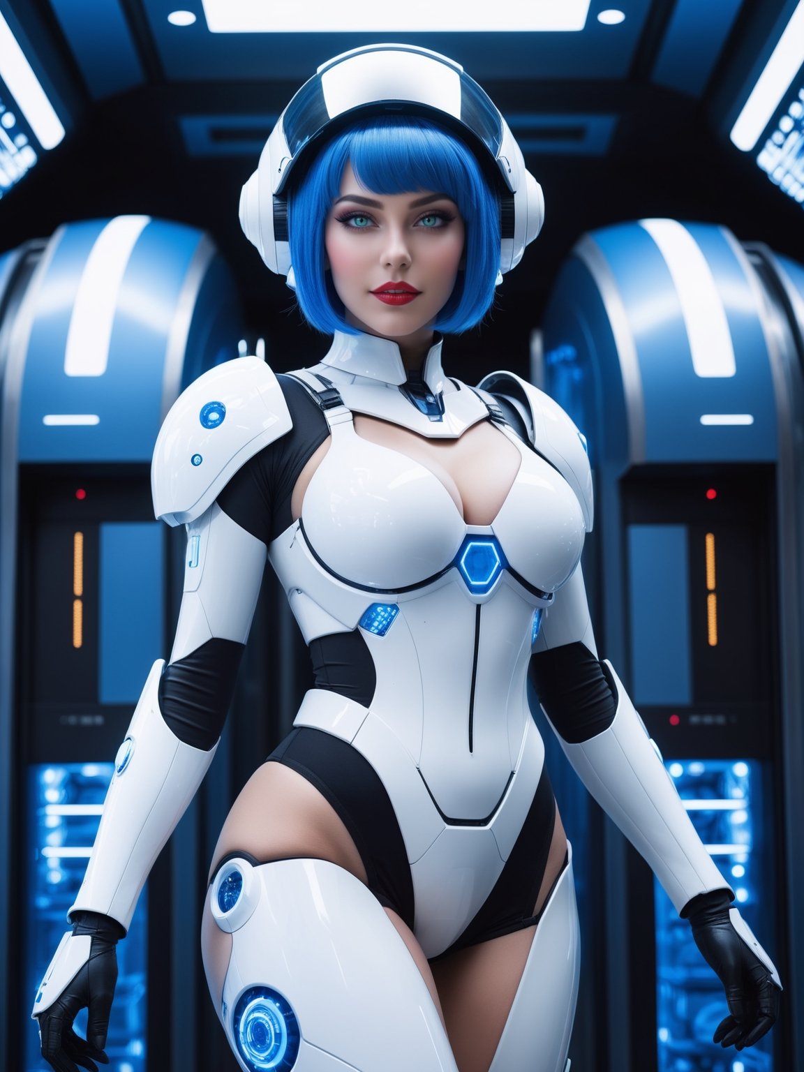 A woman, wearing Cinto Tico costume+robotic+mecha all white+small parts in blue, gigantic breasts, (helmet with visor), blue hair, spiky hair, short hair, hair with bangs in front of her eyes, she is in an alien ship, with elevators, computers, luminous pipes, machines, slimes, Windows, 16K, UHD, best possible quality, ultra detailed, best possible resolution, ultra technological, futuristic, robotic, Unreal Engine 5, professional photography, she is, ((sensual pose with interaction and leaning on anything + object + on something + leaning against)) + perfect_thighs, perfect_legs, perfect_feet, better_hands, (full body:1.5), More detail,