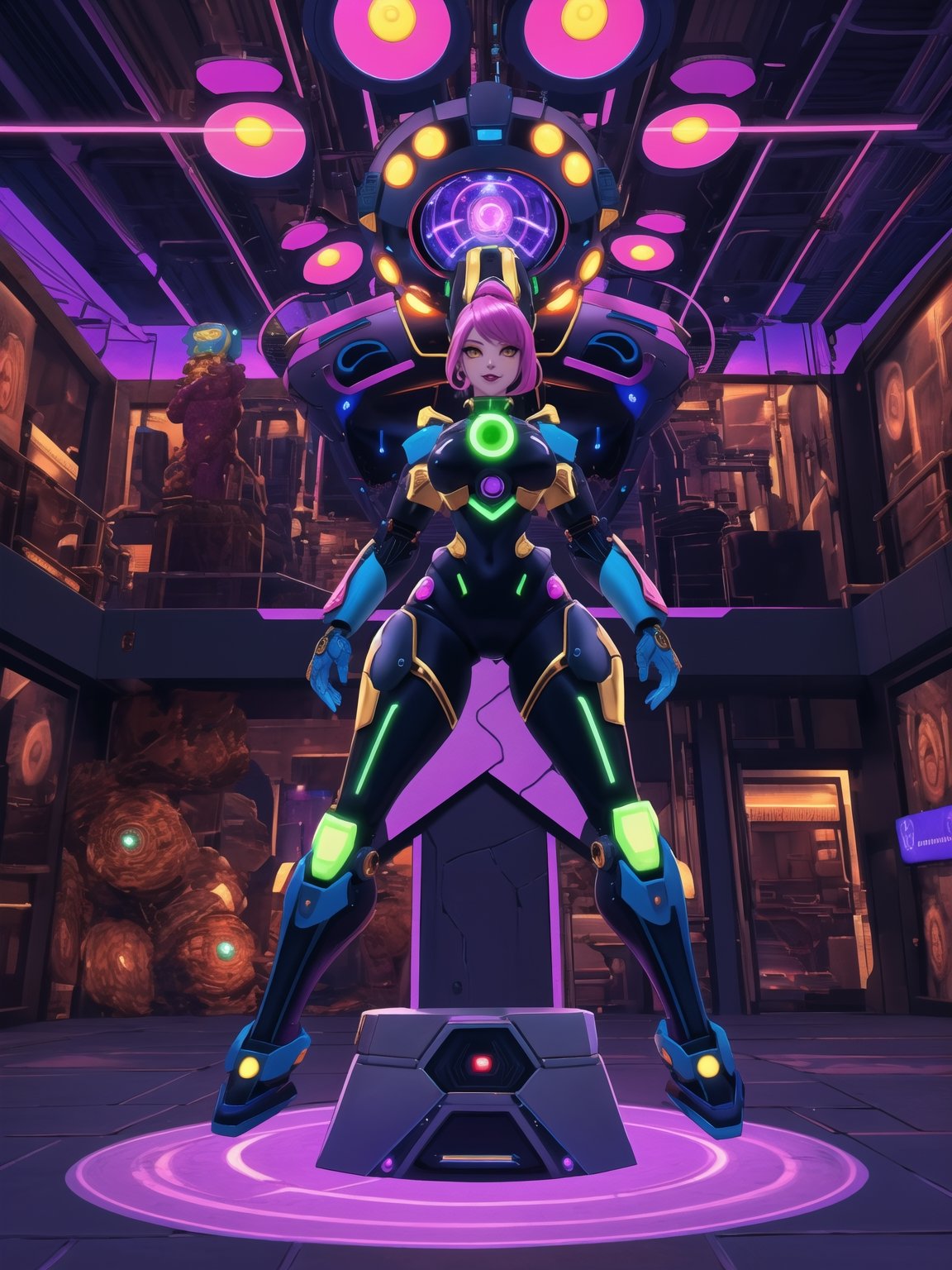 Kariania is a 25-year-old woman who is wearing an all-black mecha musume outfit with pink accessories and golden neon lights. She is wearing a cybernetic helmet with neon lights. The outfit is well fitted to her body, with parts of cybernetic armor. Her body is perfect, her breasts are gigantic and firm. Her hair is blue and very short, punk style, with a quiff. She is looking at the viewer, in an alien scientific laboratory with many technological machines, alien robots, and slimes. There are circular lights attached to the walls, illuminating the entire environment, along with many technological structures. ((create a dynamic pose to she, with interacting with any object or item, leaning, resting and leaning against it)). Maximum sharpness, UHD, 16K, anime style, best possible quality, ultra detailed, best possible resolution, (full body:1.5), Unreal Engine 5, Anime CGI style, perfect hand, fingers, hand, perfect, better_hands, More detail