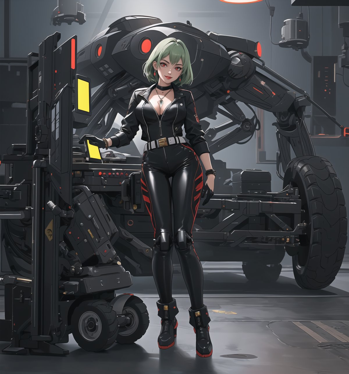 A sci-fi, mecha, adventure, futuristic and technological masterpiece rendered in ultra-high resolution with graphic detail. | A beautiful and sensual 26 year old woman named Mika, wearing a sexy Mecha costume consisting of a black leather jacket with silver details, black leather pants with silver details, black leather belt with silver gear-shaped buckle, boots high top in black leather with silver details and black leather gloves. She also has accessories such as a pair of silver gear-shaped earrings, a gold necklace with a robot-shaped pendant, leather and steel bracelets on her hands, and a silver ring with a small diamond on her right hand. Her short, shaggy green hair has a modern, stylish cut. Her red eyes are looking at the viewer with a seductive expression, while she smiles with her mouth open, showing her teeth and wearing red lipstick. She is standing on the floor, in a laboratory, with steel and glass structures, high-tech machines and equipment, a work table with robot plans and a computer screen. | The image highlights Mika's imposing and sensual figure, her curves and the accessories she wears. The scene's soft, cool lighting highlights the scene's details and creates dramatic shadows. | Soft, moody lighting effects create a sensual and mysterious atmosphere, while detailed textures on skin, fabrics and structures add realism to the image. | A sensual, futuristic scene of a beautiful woman wearing a sexy Mecha suit in a high-tech laboratory, exploring themes of adventure, desire, seduction and science fiction. | (((((The image reveals a full-body shot as she assumes a sensual pose, engagingly leaning against a structure within the scene in an exciting manner. She takes on a relaxed pose as she interacts, boldly leaning on a structure, leaning back in an exciting way))))). | ((full-body shot)), ((perfect body)), ((perfect pose)), ((perfect fingers, better hands, perfect hands)), ((perfect legs, perfect feet)), ((huge breasts, big natural breasts, sagging breasts)), ((perfect design)), ((perfect composition)), ((very detailed scene, very detailed background, perfect layout, correct imperfections)), ((More Detail, Enhance))