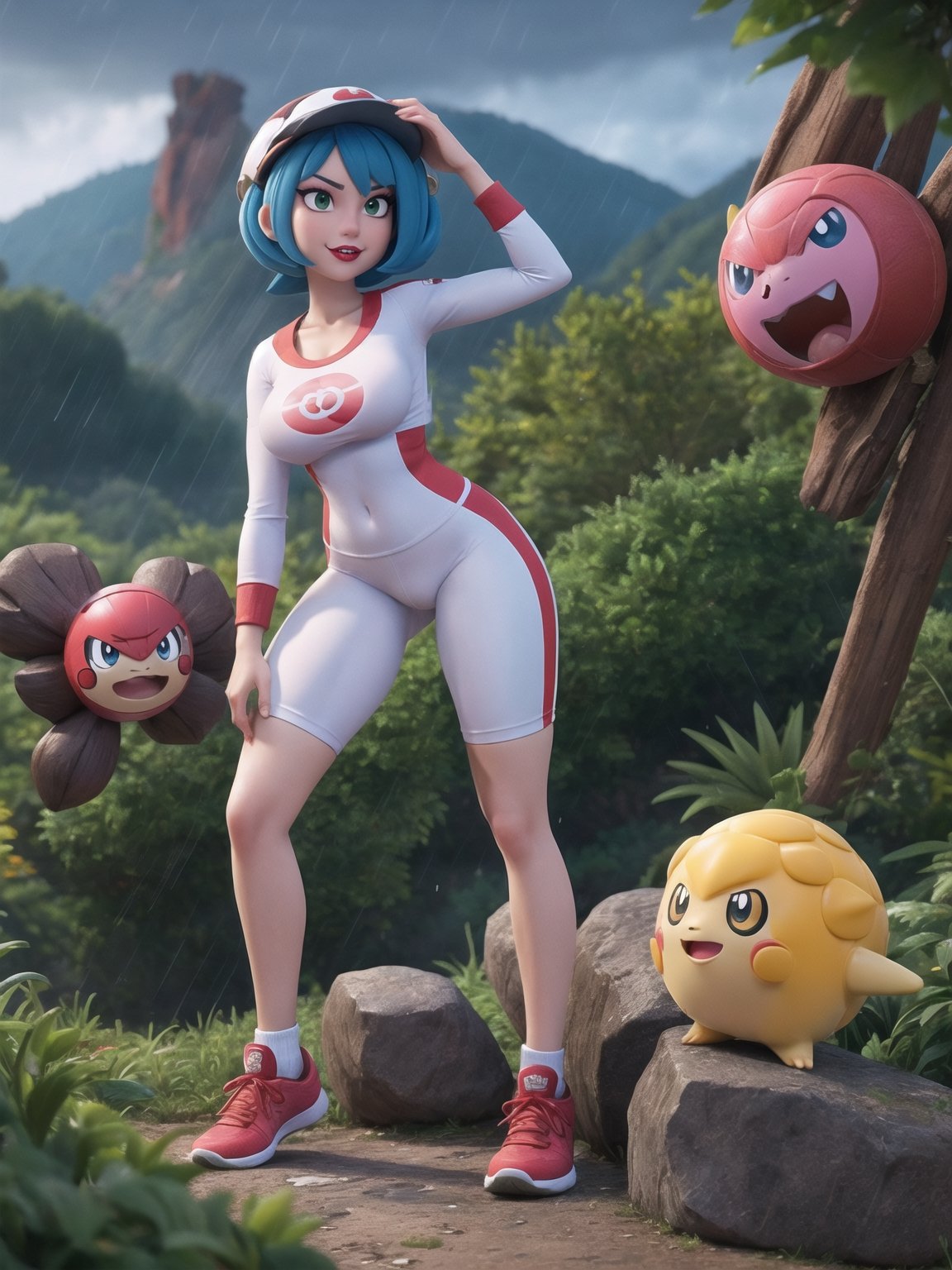 A woman, a Pokémon trainer, is wearing a runner's outfit, a white lycra shirt with red sleeves and a pokéball emblem in the center of the shirt. She is wearing red lycra shorts and white sneakers, and is wearing a runner's helmet on her head. Her breasts are absurdly gigantic. She has short, blue hair in the Chanel style, with a very long fringe covering her left eye. She is looking directly at the viewer. The woman is in a forest in the mountains at night, raining heavily, with many trees, tree trunks, a waterfall, and many large rocks. Many Pokémons of different types and colors are around her, ((a woman is striking a sensual pose, interacting and leaning on any available object/structure in the scene)), maximum sharpness, UHD, Fullhd, 16K, anime style, best possible quality, ultra detailed, best possible resolution,  Unreal Engine 5, ((full body)), professional photography, perfect_thighs, perfect_legs, perfect_feet, perfect hand, fingers, hand, perfect, better_hands, ((Pokémon)), more detail