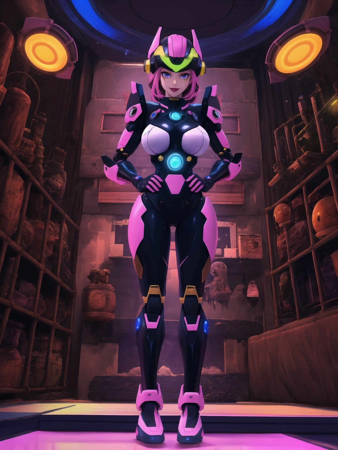 Create an image of Kariania, a 25-year-old woman who is wearing an all-black mecha musume outfit with pink accessories and golden neon lights. She is wearing a cybernetic helmet with neon lights. The outfit is well fitted to her body, with parts of cybernetic armor. Her body is perfect, her breasts are gigantic and firm. Her hair is blue and very short, punk style, with a quiff. She is looking at the viewer, in an alien scientific laboratory with many technological machines, alien robots, and slimes. There are circular lights attached to the walls, illuminating the entire environment, along with many technological structures.. Maximum sharpness, UHD, 16K, anime style,  Create a dynamic pose for her, with her interacting with any very large structure or object available in the scene, making her lean and rest on it., best possible quality, ultra detailed, best possible resolution, (full body:1.5), Unreal Engine 5, Anime CGI style, perfect hand, fingers, hand, perfect, better_hands, More detail