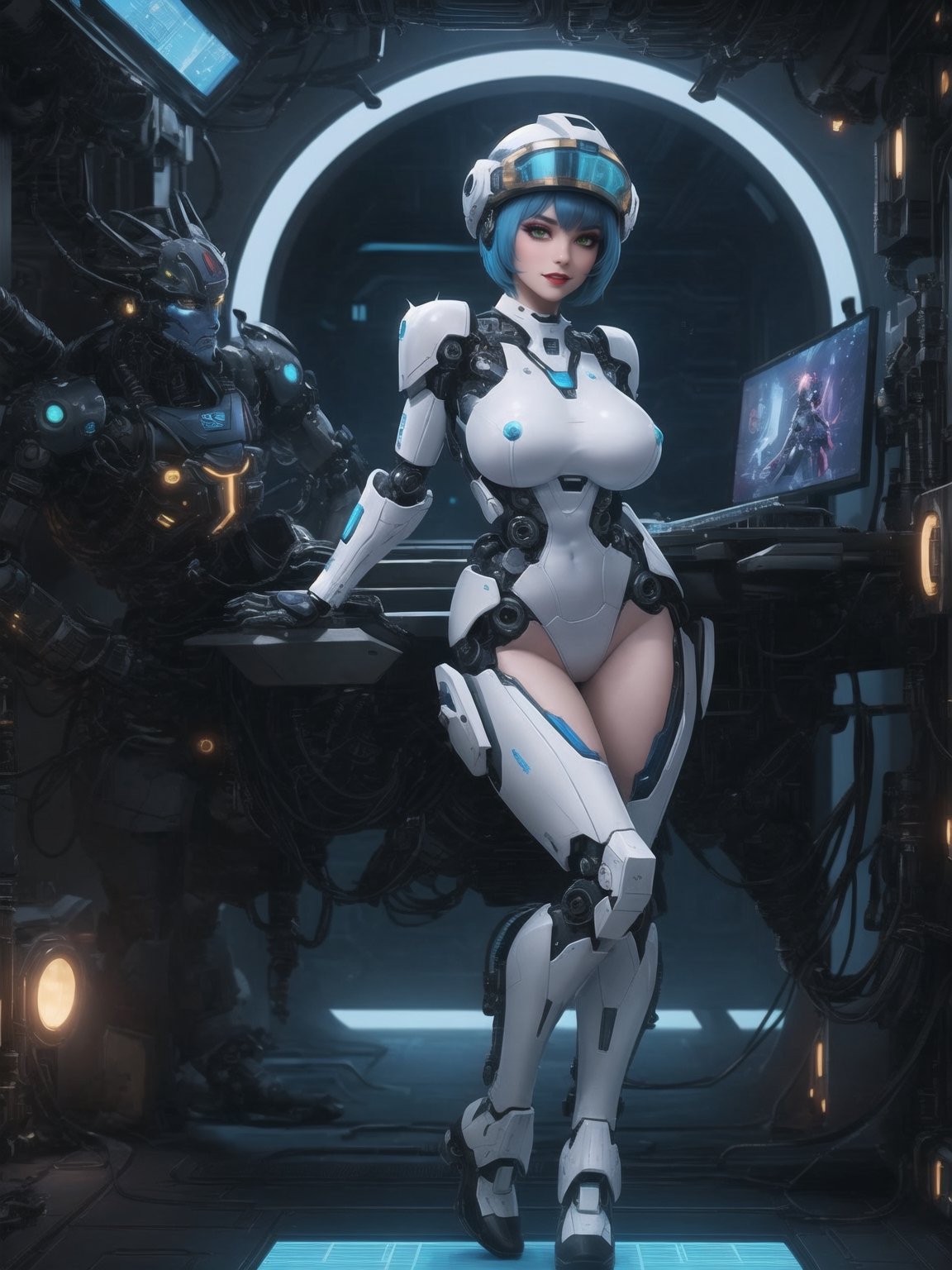 A woman, wearing Cinto Tico costume+robotic+mecha all white+small parts in blue, gigantic breasts, (helmet with visor), blue hair, spiky hair, short hair, hair with bangs in front of her eyes, she is in an alien ship, with elevators, computers, luminous pipes, machines, slimes, Windows, 16K, UHD, best possible quality, ultra detailed, best possible resolution, ultra technological, futuristic, robotic, Unreal Engine 5, professional photography, she is, ((sensual pose with interaction and leaning on anything + object + on something + leaning against)) + perfect_thighs, perfect_legs, perfect_feet, better_hands, ((full body)), More detail,