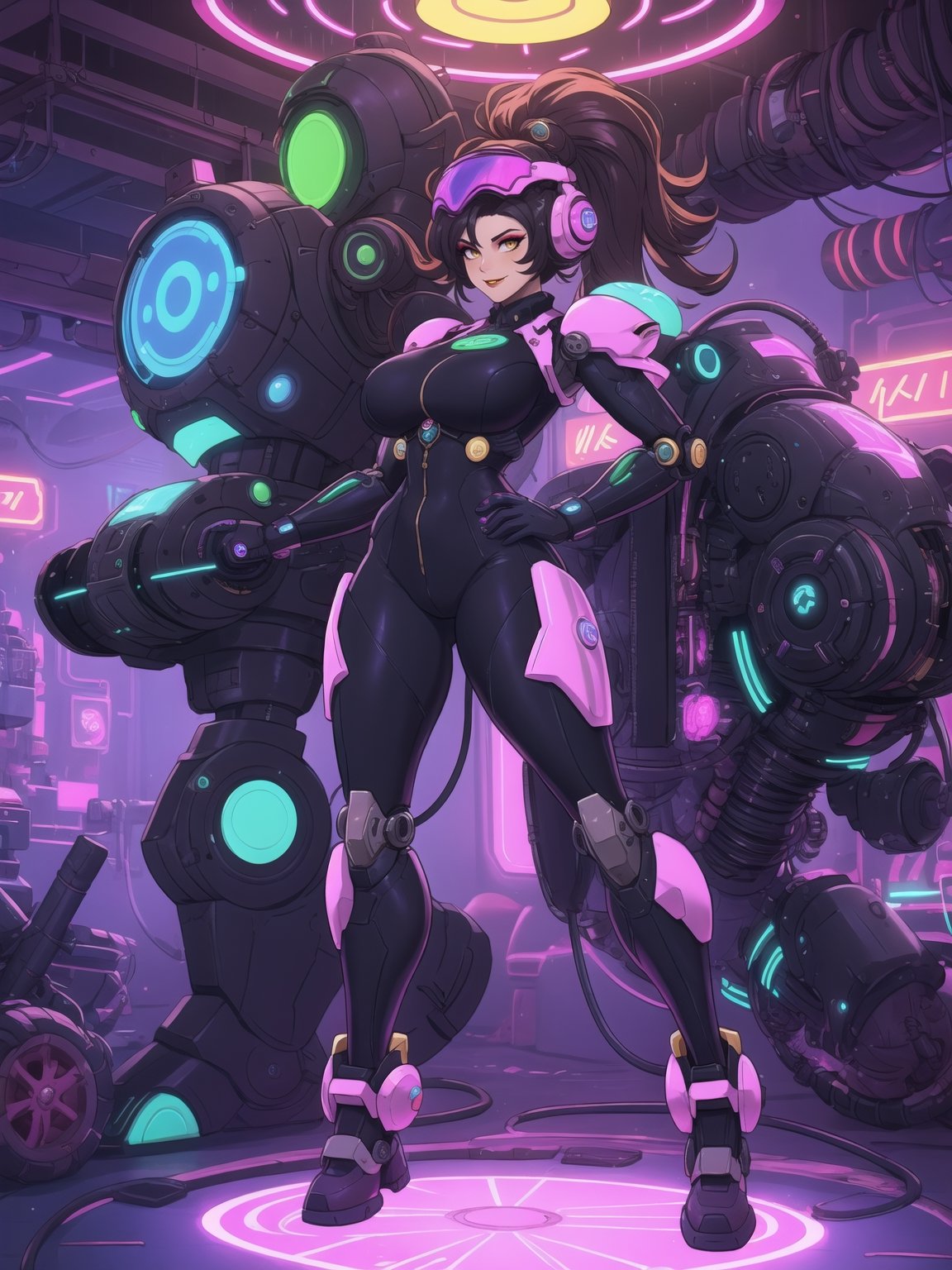 Kariania is a 25-year-old woman who is wearing an all-black mecha musume outfit with pink accessories and golden neon lights. She is wearing a cybernetic helmet with neon lights. The outfit is well fitted to her body, with parts of cybernetic armor. Her body is perfect, her breasts are gigantic and firm. Her hair is blue and very short, punk style, with a quiff. She is looking at the viewer, in an alien scientific laboratory with many technological machines, alien robots, and slimes. There are circular lights attached to the walls, illuminating the entire environment, along with many technological structures. She is striking a ((pose with interaction and leaning on anything, structure, on something)). Maximum sharpness, UHD, 16K, anime style, best possible quality, ultra detailed, best possible resolution, (full body:1.5), Unreal Engine 5, Anime CGI style, perfect hand, fingers, hand, perfect, better_hands, More detail