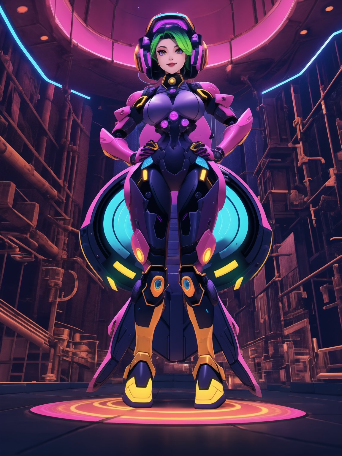 Kariania is a 25-year-old woman who is wearing an all-black mecha musume outfit with pink accessories and golden neon lights. She is wearing a cybernetic helmet with neon lights. The outfit is well fitted to her body, with parts of cybernetic armor. Her body is perfect, her breasts are gigantic and firm. Her hair is blue and very short, punk style, with a quiff. She is looking at the viewer, in an alien scientific laboratory with many technological machines, alien robots, and slimes. There are circular lights attached to the walls, illuminating the entire environment, along with many technological structures. ((create a dynamic pose to she, with interacting with any object or item, leaning, resting and leaning against it)). Maximum sharpness, UHD, 16K, anime style, best possible quality, ultra detailed, best possible resolution, (full body:1.5), Unreal Engine 5, Anime CGI style, perfect hand, fingers, hand, perfect, better_hands, More detail