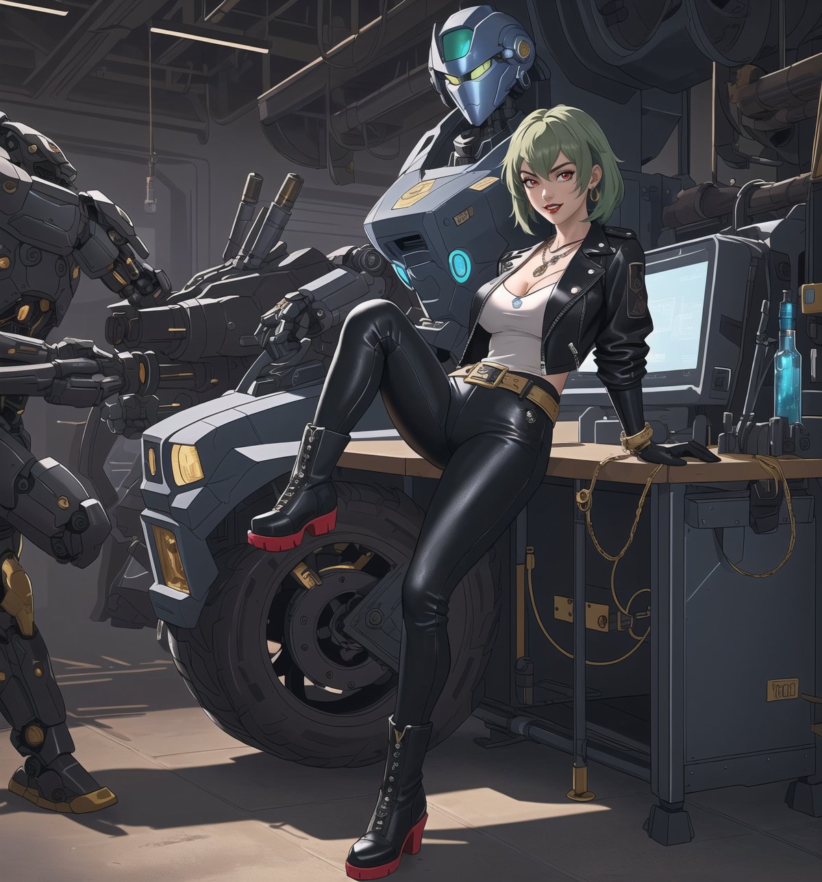 A sci-fi, mecha, adventure, futuristic and technological masterpiece rendered in ultra-high resolution with graphic detail. | A beautiful and sensual 26 year old woman named Mika, wearing a sexy Mecha costume consisting of a black leather jacket with silver details, black leather pants with silver details, black leather belt with silver gear-shaped buckle, boots high top in black leather with silver details and black leather gloves. She also has accessories such as a pair of silver gear-shaped earrings, a gold necklace with a robot-shaped pendant, leather and steel bracelets on her hands, and a silver ring with a small diamond on her right hand. Her short, shaggy green hair has a modern, stylish cut. Her red eyes are looking at the viewer with a seductive expression, while she smiles with her mouth open, showing her teeth and wearing red lipstick. She is standing on the floor, in a laboratory, with steel and glass structures, high-tech machines and equipment, a work table with robot plans and a computer screen. | The image highlights Mika's imposing and sensual figure, her curves and the accessories she wears. The scene's soft, cool lighting highlights the scene's details and creates dramatic shadows. | Soft, moody lighting effects create a sensual and mysterious atmosphere, while detailed textures on skin, fabrics and structures add realism to the image. | A sensual, futuristic scene of a beautiful woman wearing a sexy Mecha suit in a high-tech laboratory, exploring themes of adventure, desire, seduction and science fiction. | (((((The image reveals a full-body shot as she assumes a sensual pose, engagingly leaning against a structure within the scene in an exciting manner. She takes on a relaxed pose as she interacts, boldly leaning on a structure, leaning back in an exciting way))))). | ((full-body shot)), ((perfect body)), ((perfect pose)), ((perfect fingers, better hands, perfect hands)), ((perfect legs, perfect feet)), ((huge breasts, big natural breasts, sagging breasts)), ((perfect design)), ((perfect composition)), ((very detailed scene, very detailed background, perfect layout, correct imperfections)), ((More Detail, Enhance))