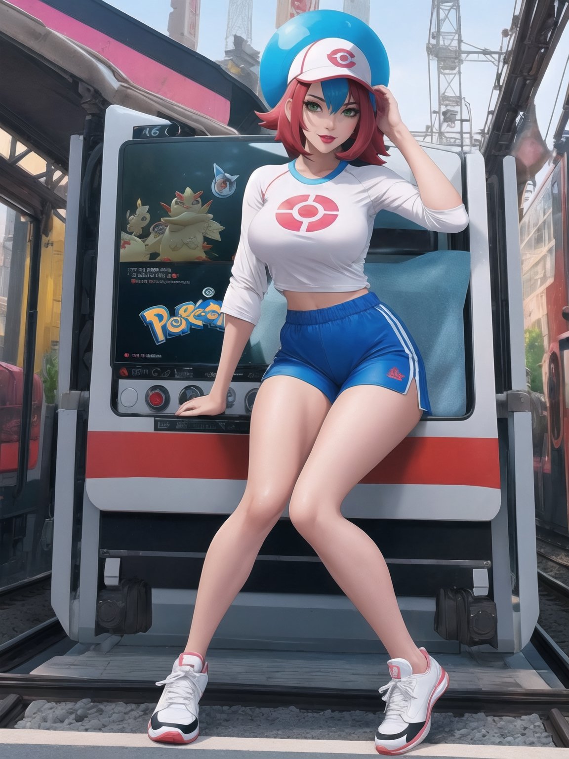 A woman, a Pokémon trainer, is wearing a runner's outfit, a white lycra shirt with red sleeves and a pokéball emblem in the center of the shirt. She is wearing red lycra shorts and white sneakers, and is wearing a runner's helmet on her head. Her breasts are absurdly gigantic. She has short, blue hair in the Chanel style, with a very long fringe covering her left eye. She is looking directly at the viewer. The woman is at a train station with many structures, television advertising panels, and drink machines. Many Pokémon of different types and colors are around her, (a woman is striking a sensual pose, interacting and leaning on any available object/structure in the scene), maximum sharpness, UHD, 16K, anime style, best possible quality, ultra detailed, best possible resolution, ((full body)), Unreal Engine 5, professional photography, perfect_thighs, perfect_legs, perfect_feet, perfect hand, fingers, hand, perfect, better_hands, ((pokémon)), more detail