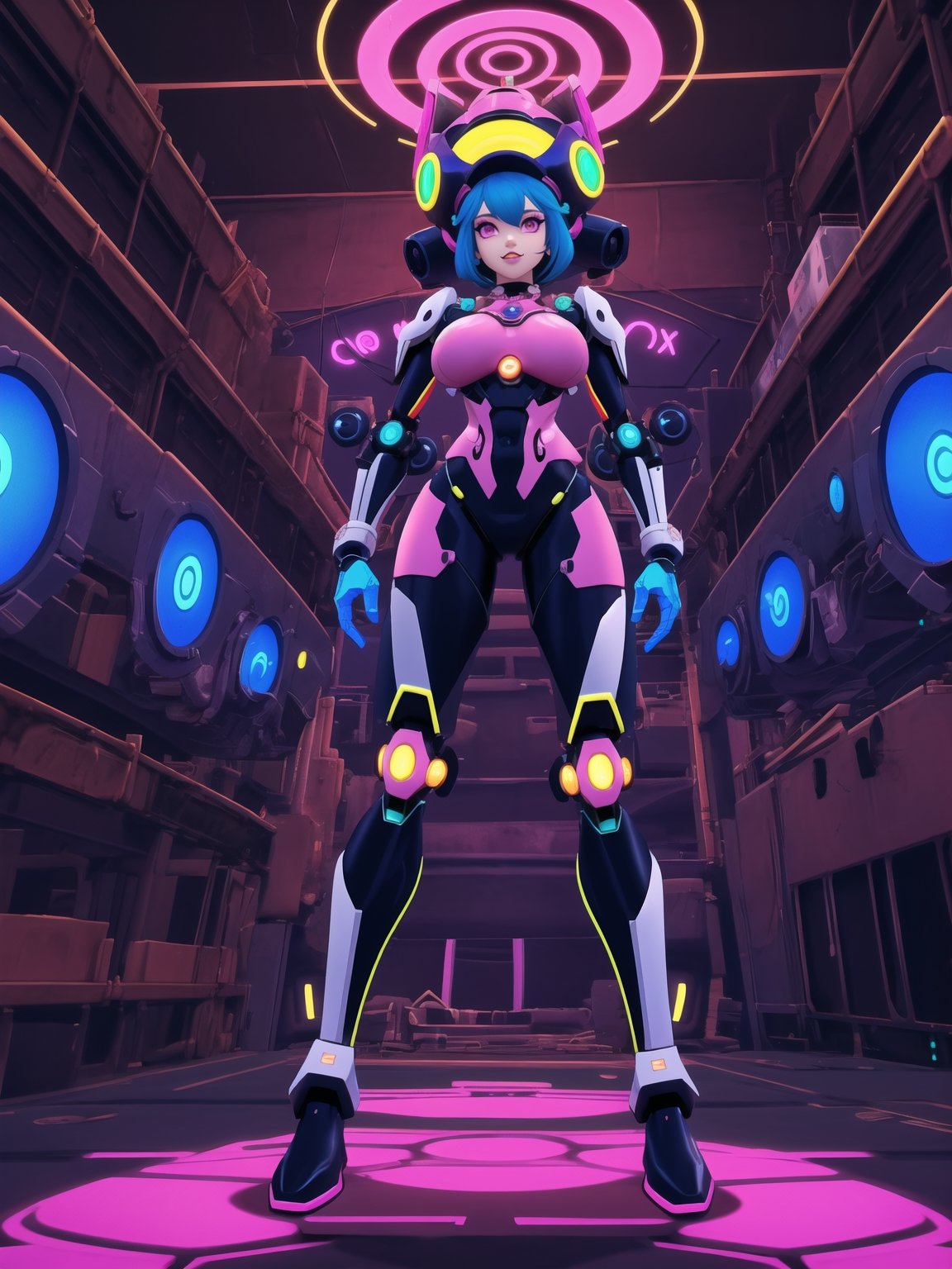 Kariania is a 25-year-old woman who is wearing an all-black mecha musume outfit with pink accessories and golden neon lights. She is wearing a cybernetic helmet with neon lights. The outfit is well fitted to her body, with parts of cybernetic armor. Her body is perfect, her breasts are gigantic and firm. Her hair is blue and very short, punk style, with a quiff. She is looking at the viewer, in an alien scientific laboratory with many technological machines, alien robots, and slimes. There are circular lights attached to the walls, illuminating the entire environment, along with many technological structures. ((Create a dynamic pose for her, interacting with any structure or element generated in the image, leaning and resting on it). Maximum sharpness, UHD, 16K, anime style, best possible quality, ultra detailed, best possible resolution, (full body:1.5), Unreal Engine 5, Anime CGI style, perfect hand, fingers, hand, perfect, better_hands, More detail