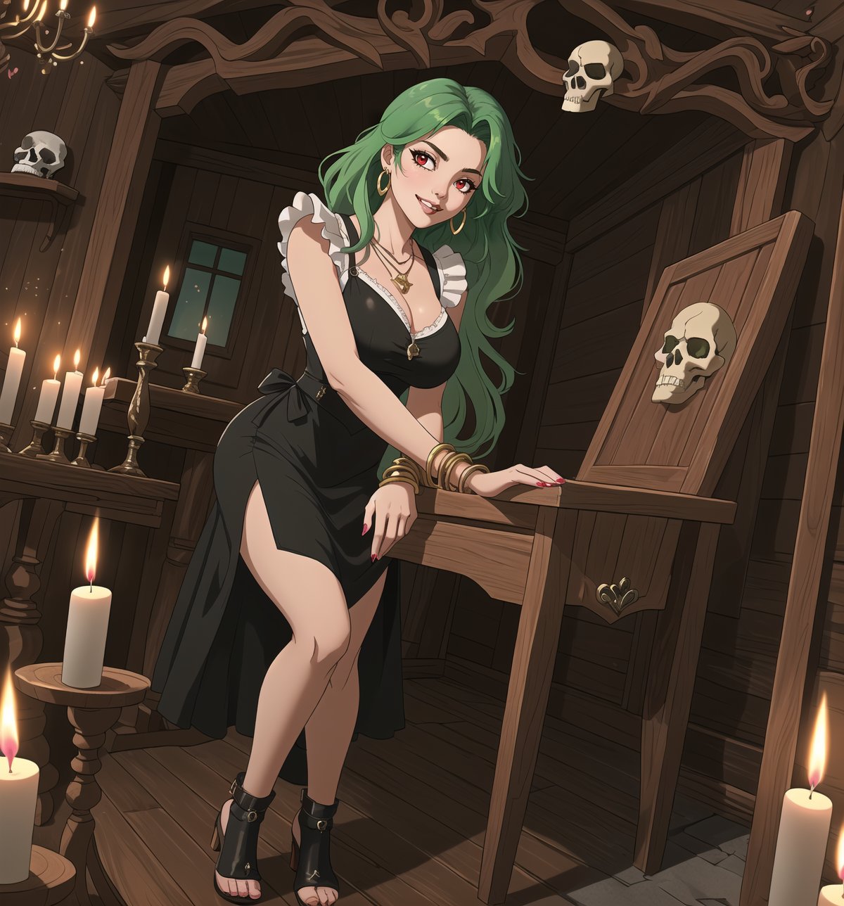 A masterpiece of digital art in the styles of Adventure, Fantasy, Horror, Mystery, and Supernatural. | Yumi, a 25-year-old woman, wears a black maid outfit with white details. The outfit has an elegant and modern cut, highlighting her smooth curves. She also wears a pair of silver earrings with star-shaped pendants, a gold necklace with a heart-shaped pendant, red leather bracelets on her hands, and a silver ring with a small emerald on her right hand. Her green hair falls in soft, voluminous waves, framing her pretty face. Her red eyes shine with a seductive and mysterious gleam as she smiles at the viewer, showing her bright, white teeth and lips painted in a light shade of pink. She is in a macabre house, striking a provocative pose. The location is dark, with wooden structures and cracked walls, candles, bones, and skulls scattered on the ground. The dim light of the candles creates mysterious and unsettling shadows in the scene, highlighting Yumi's beauty and mystery. | (((((The image reveals a full-body shot as she assumes a sensual pose, seductively leaning against a wooden structure within the house in an exciting manner. She takes on a sensual pose as she interacts, boldly arching her back and biting her lip in a tantalizing way.))))). | ((full-body shot)), ((perfect pose)), ((perfect fingers, better hands, perfect hands)), ((perfect legs, perfect feet)), ((huge breasts, big natural breasts, sagging breasts)), ((perfect design)), ((perfect composition)), ((very detailed scene, very detailed background, perfect layout, correct imperfections)), More Detail, Enhance, 