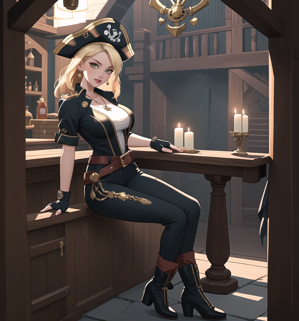 A masterpiece of adventure, fantasy, pirate, romance, and supernatural themes rendered in ultra-high resolution with graphic details. | A beautiful and sensual 28-year-old woman named Scarlett is wearing a sexy Pirate costume consisting of a short-sleeved white shirt with black details, fitted black fabric pants with white details, a leather belt with a silver anchor-shaped buckle, black high-heeled boots with white details, and black fabric gloves. She also has accessories such as a pair of silver starfish-shaped earrings, a gold necklace with an anchor-shaped pendant, leather and bead bracelets on her hands, and a silver ring with a small ruby on her right hand. Her short and messy blonde hair has a modern and stylish cut. Her green eyes are looking at the viewer with a seductive expression, as she smiles with her mouth open, showing her teeth and wearing red lipstick. She is standing on the ground, in a pirate house, with wooden structures, candles, antique maps, a bottle of rum, and a sword. | The image highlights Scarlett's imposing and sensual figure, her curves, and the accessories she wears. The warm and soft lighting of the scene enhances the details of the setting and creates dramatic shadows. | Soft and dark lighting effects create a sensual and mysterious atmosphere, while detailed textures on the skin, fabrics, and structures add realism to the image. | A sensual and romantic scene of a beautiful woman wearing a sexy Pirate costume in a pirate house, exploring themes of adventure, desire, seduction, and fantasy. | (((((The image reveals a full-body shot as she assumes a sensual pose, engagingly leaning against a structure within the scene in an exciting manner. She takes on a relaxed pose as she interacts, boldly leaning on a structure, leaning back in an exciting way))))). | ((full-body shot)), ((perfect body)), ((perfect pose)), ((perfect fingers, better hands, perfect hands)), ((perfect legs, perfect feet)), ((huge breasts, big natural breasts, sagging breasts)), ((perfect design)), ((perfect composition)), ((very detailed scene, very detailed background, perfect layout, correct imperfections)), ((More Detail, Enhance)),