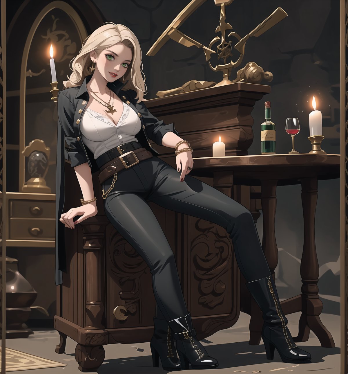 A masterpiece of adventure, fantasy, pirate, romance, and supernatural themes rendered in ultra-high resolution with graphic details. | A beautiful and sensual 28-year-old woman named Scarlett is wearing a sexy Pirate costume consisting of a short-sleeved white shirt with black details, fitted black fabric pants with white details, a leather belt with a silver anchor-shaped buckle, black high-heeled boots with white details, and black fabric gloves. She also has accessories such as a pair of silver starfish-shaped earrings, a gold necklace with an anchor-shaped pendant, leather and bead bracelets on her hands, and a silver ring with a small ruby on her right hand. Her short and messy blonde hair has a modern and stylish cut. Her green eyes are looking at the viewer with a seductive expression, as she smiles with her mouth open, showing her teeth and wearing red lipstick. She is standing on the ground, in a pirate house, with wooden structures, candles, antique maps, a bottle of rum, and a sword. | The image highlights Scarlett's imposing and sensual figure, her curves, and the accessories she wears. The warm and soft lighting of the scene enhances the details of the setting and creates dramatic shadows. | Soft and dark lighting effects create a sensual and mysterious atmosphere, while detailed textures on the skin, fabrics, and structures add realism to the image. | A sensual and romantic scene of a beautiful woman wearing a sexy Pirate costume in a pirate house, exploring themes of adventure, desire, seduction, and fantasy. | (((((The image reveals a full-body shot as she assumes a sensual pose, engagingly leaning against a structure within the scene in an exciting manner. She takes on a relaxed pose as she interacts, boldly leaning on a structure, leaning back in an exciting way))))). | ((full-body shot)), ((perfect body)), ((perfect pose)), ((perfect fingers, better hands, perfect hands)), ((perfect legs, perfect feet)), ((huge breasts, big natural breasts, sagging breasts)), ((perfect design)), ((perfect composition)), ((very detailed scene, very detailed background, perfect layout, correct imperfections)), ((More Detail, Enhance)),Enhance