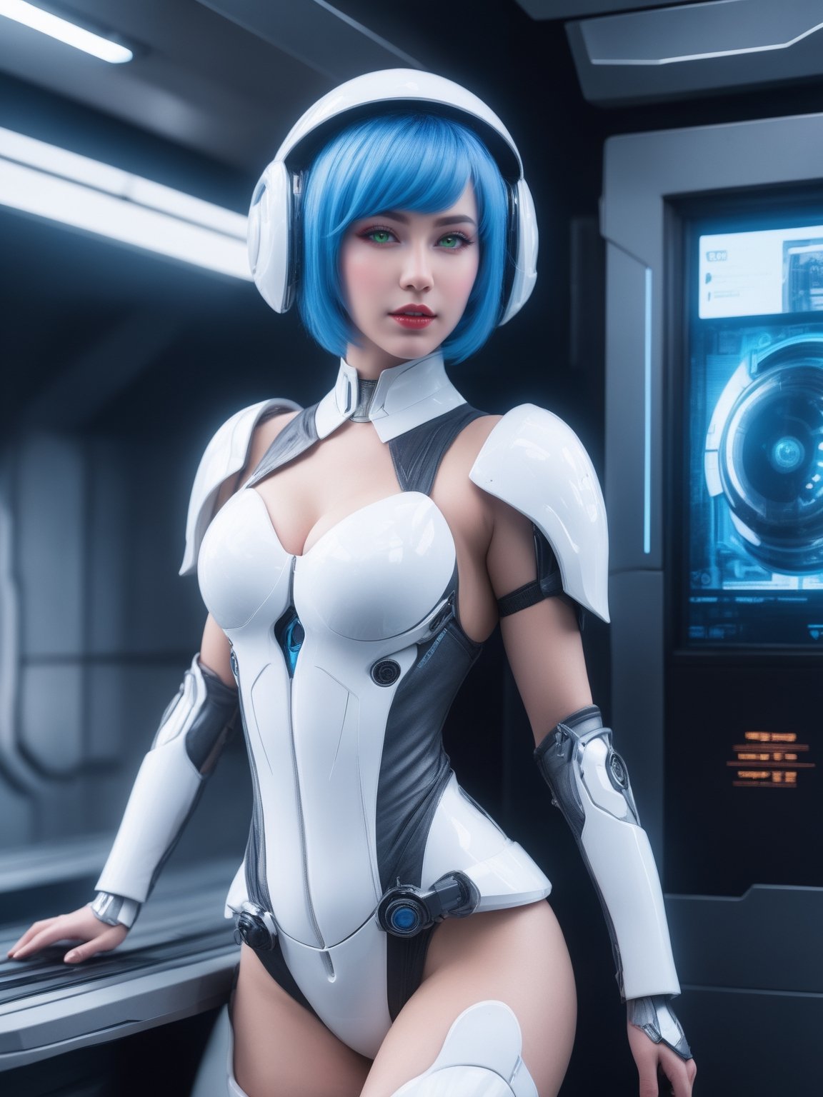 A woman, wearing Cinto Tico costume+robotic+mecha all white+small parts in blue, gigantic breasts, (helmet with visor), blue hair, spiky hair, short hair, hair with bangs in front of her eyes, she is in an alien ship, with elevators, computers, luminous pipes, machines, slimes, Windows, 16K, UHD, best possible quality, ultra detailed, best possible resolution, ultra technological, futuristic, robotic, Unreal Engine 5, professional photography, she is, ((sensual pose with interaction and leaning on anything + object + on something + leaning against)) + perfect_thighs, perfect_legs, perfect_feet, better_hands, ((full body):1.5), More detail,