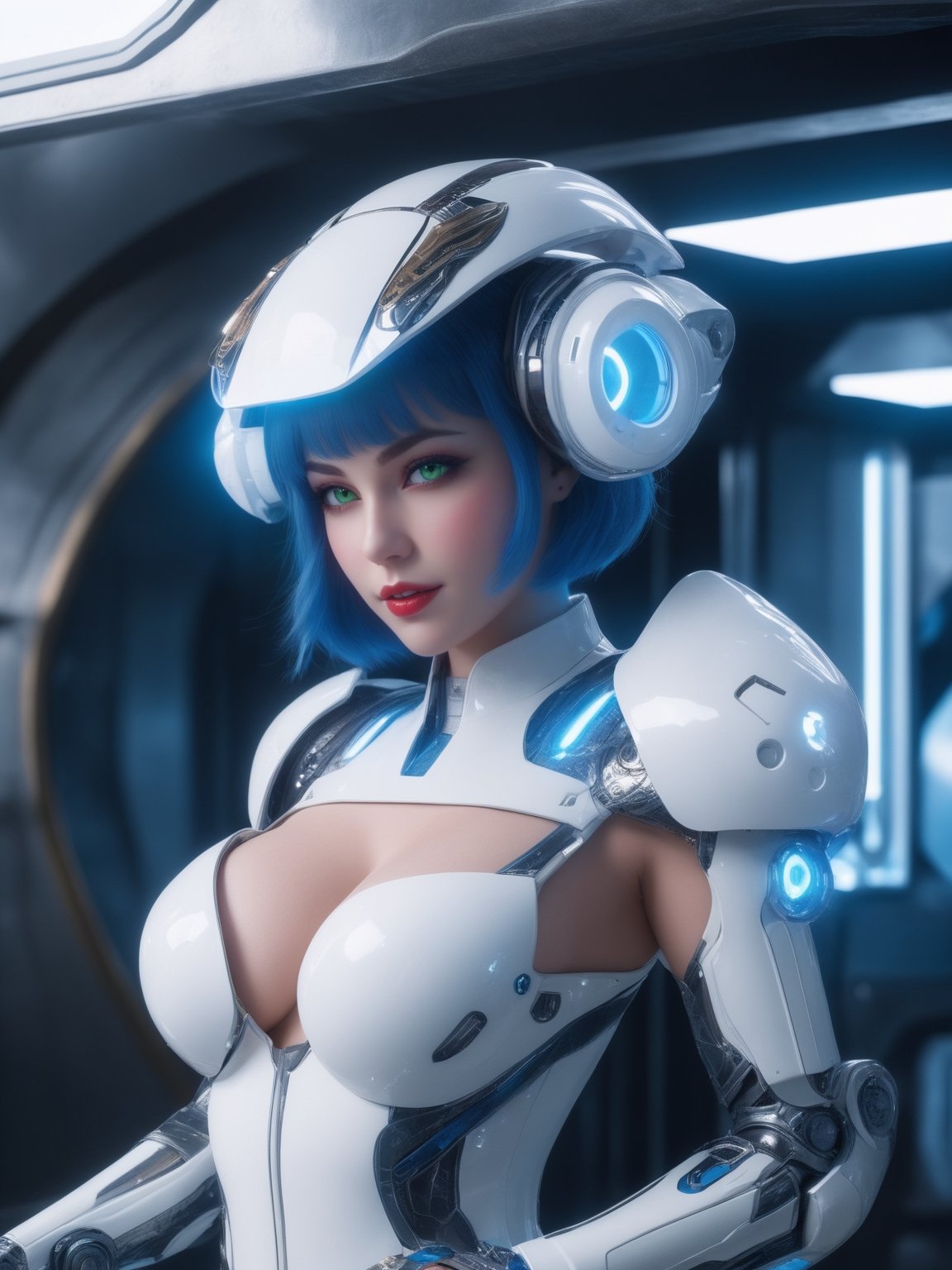 A woman, wearing Cinto Tico costume+robotic+mecha all white+small parts in blue, gigantic breasts, (helmet with visor), blue hair, spiky hair, short hair, hair with bangs in front of her eyes, she is in an alien ship, with elevators, computers, luminous pipes, machines, slimes, Windows, 16K, UHD, best possible quality, ultra detailed, best possible resolution, ultra technological, futuristic, robotic, Unreal Engine 5, professional photography, she is, ((sensual pose with interaction and leaning on anything + object + on something + leaning against)) + perfect_thighs, perfect_legs, perfect_feet, better_hands, ((full body)), More detail,