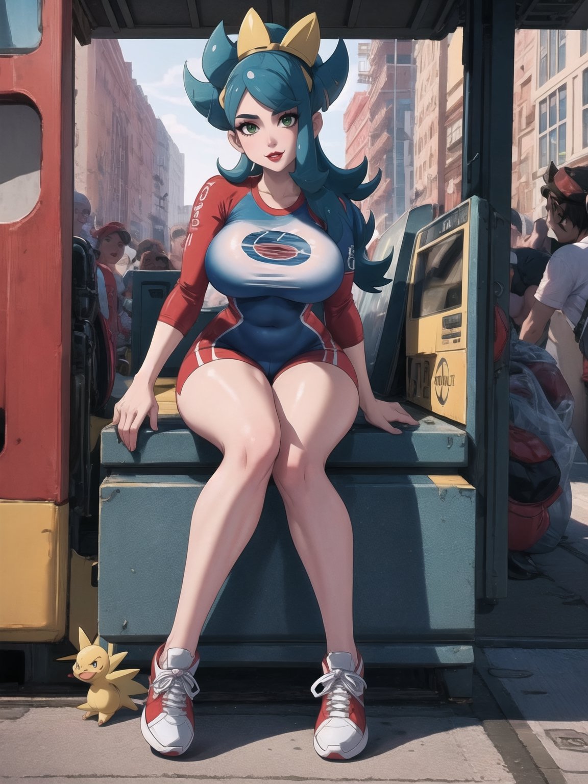 A woman, a Pokémon trainer, is wearing a runner's outfit, a white lycra shirt with red sleeves and a pokéball emblem in the center of the shirt. She is wearing red lycra shorts and white sneakers, and is wearing a runner's helmet on her head. Her breasts are absurdly gigantic. She has short, blue hair in the Chanel style, with a very long fringe covering her left eye. She is looking directly at the viewer. The woman is at a train station with many structures, television advertising panels, and drink machines. Many Pokémon of different types and colors are around her, (a woman is striking a sensual pose, interacting and leaning on any available object/structure in the scene), maximum sharpness, UHD, 16K, anime style, best possible quality, ultra detailed, best possible resolution, ((full body)), Unreal Engine 5, professional photography, perfect_thighs, perfect_legs, perfect_feet, perfect hand, fingers, hand, perfect, better_hands, ((pokémon)), more detail