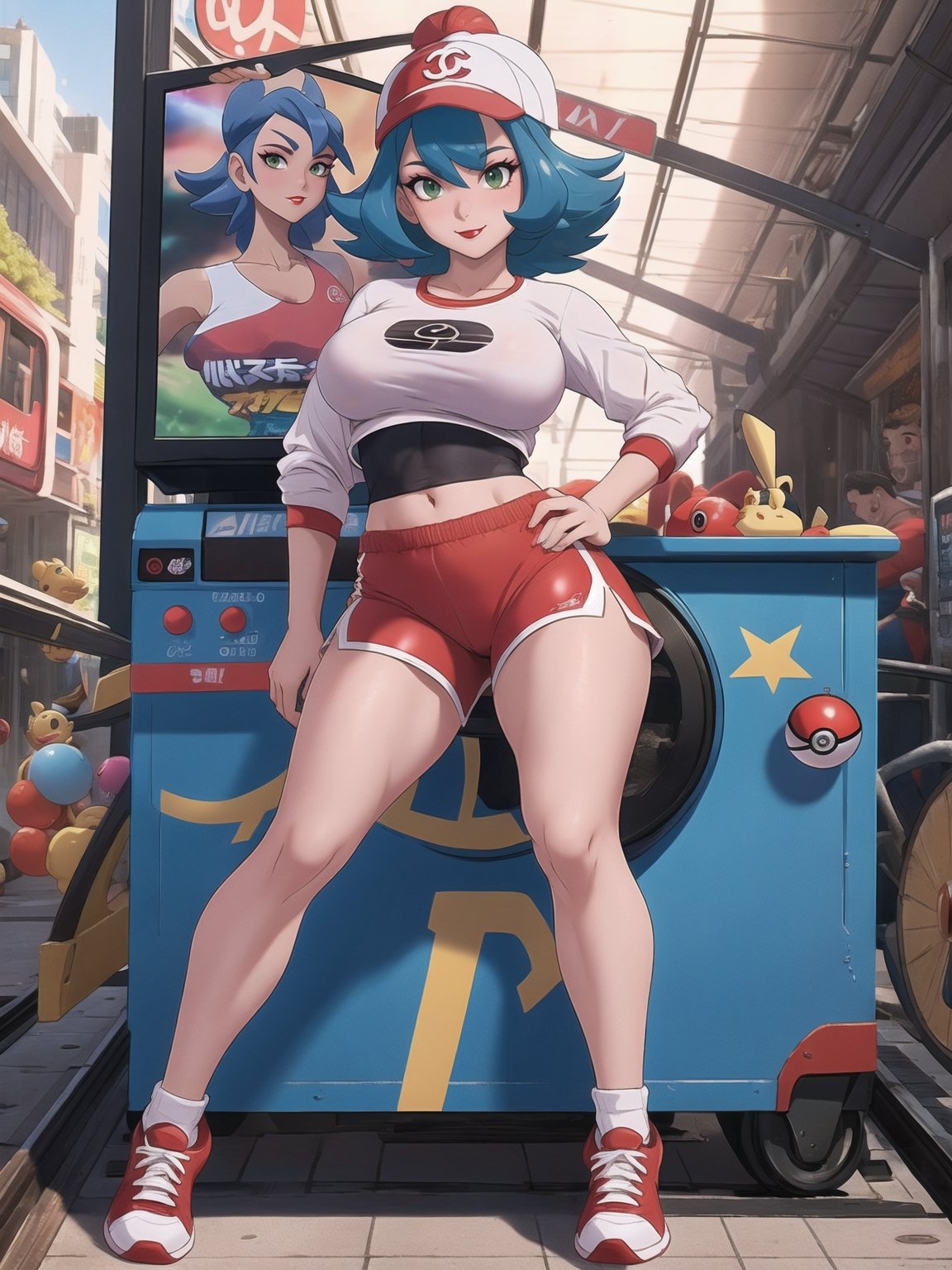 A woman, a Pokémon trainer, is wearing a runner's outfit, a white lycra shirt with red sleeves and a pokéball emblem in the center of the shirt. She is wearing red lycra shorts and white sneakers, and is wearing a runner's helmet on her head. Her breasts are absurdly gigantic. She has short, blue hair in the Chanel style, with a very long fringe covering her left eye. She is looking directly at the viewer. The woman is at a train station with many structures, television advertising panels, and drink machines. Many Pokémon of different types and colors are around her, (a woman is striking a sensual pose, interacting and leaning on any available object/structure in the scene), maximum sharpness, UHD, 16K, anime style, best possible quality, ultra detailed, best possible resolution, ((full body)), Unreal Engine 5, professional photography, perfect_thighs, perfect_legs, perfect_feet, perfect hand, fingers, hand, perfect, better_hands, (pokémon), more detail