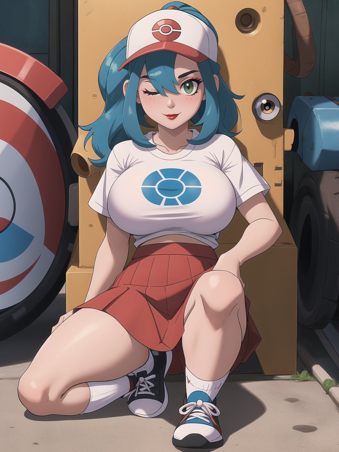 (A beautiful Pokemon trainer and 1Pokemon), wearing a white t-shirt with a PokeBall design, and a red skirt with white stripes. She wears white spandex socks and black sneakers. She has gigantic breasts and blue hair. Her hair is tied in a ponytail, it is short and she wears a cap. The fringe of her hair covers her eyes. She is looking directly at the viewer. She is in a Pokemon Center, which is full of moving machines, Pokémon, windows, and large structures.. (She is striking a sensual pose, leaning on anything or object, resting and leaning against herself over it), ((full body)), perfect, (pokemon), UHD, best possible quality, ultra detailed, best possible resolution, Unreal Engine 5, professional photography, perfect hand, fingers, hand, perfect, More detail.