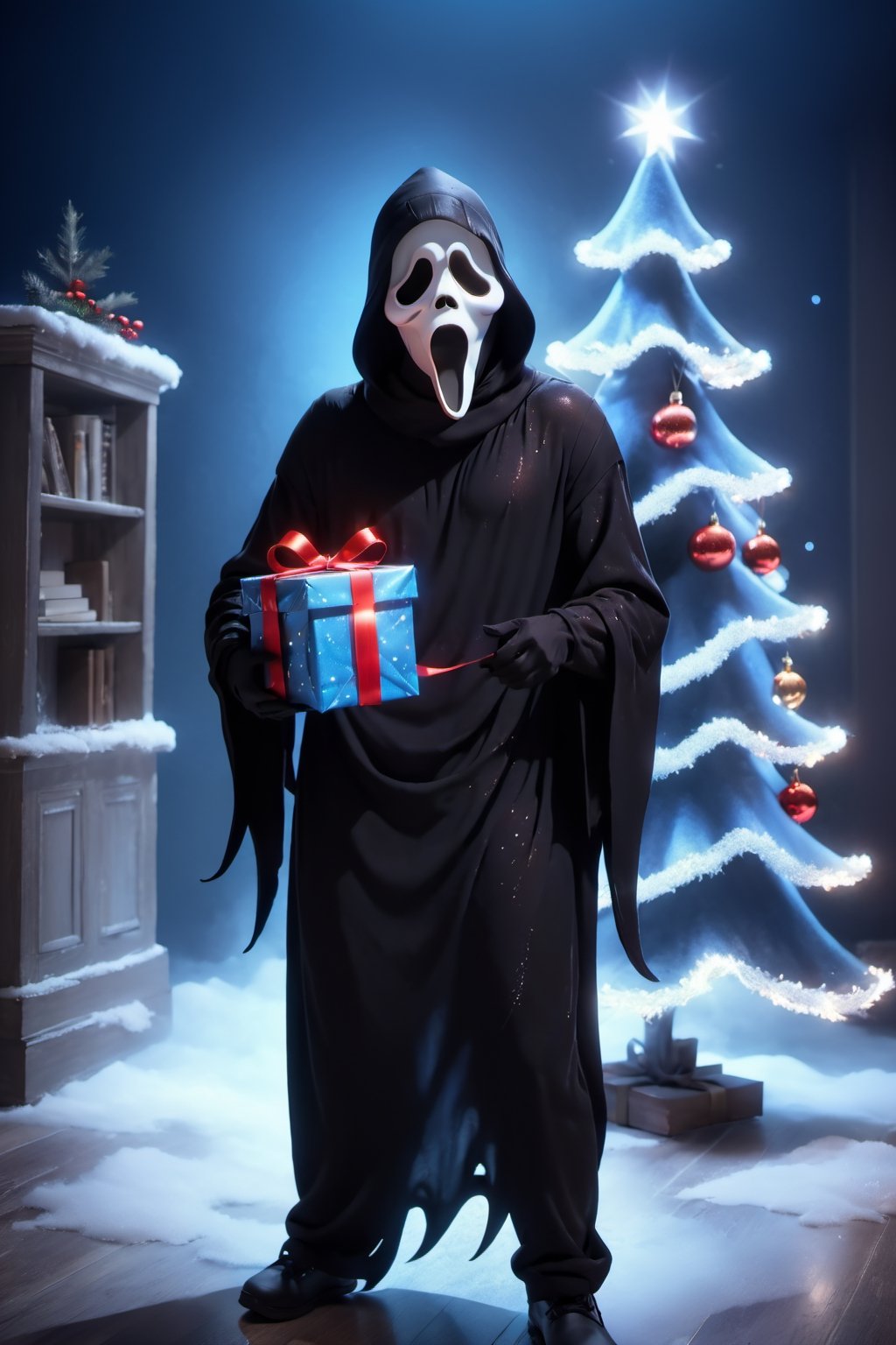 A guy standing at house, Christmas tree, Christmas decoration, ghost face mask, ghost face costume, glitter costume, (full body:1.3), Christmas hat, holding an gift, Blue lights, particles, beautiful, focus on viewer, front view, masterpiece, ultra high quality, ultra high resolution, detailed background, muted color, luts, low key, dark tone,ghostface mask,HellAI,3d render style