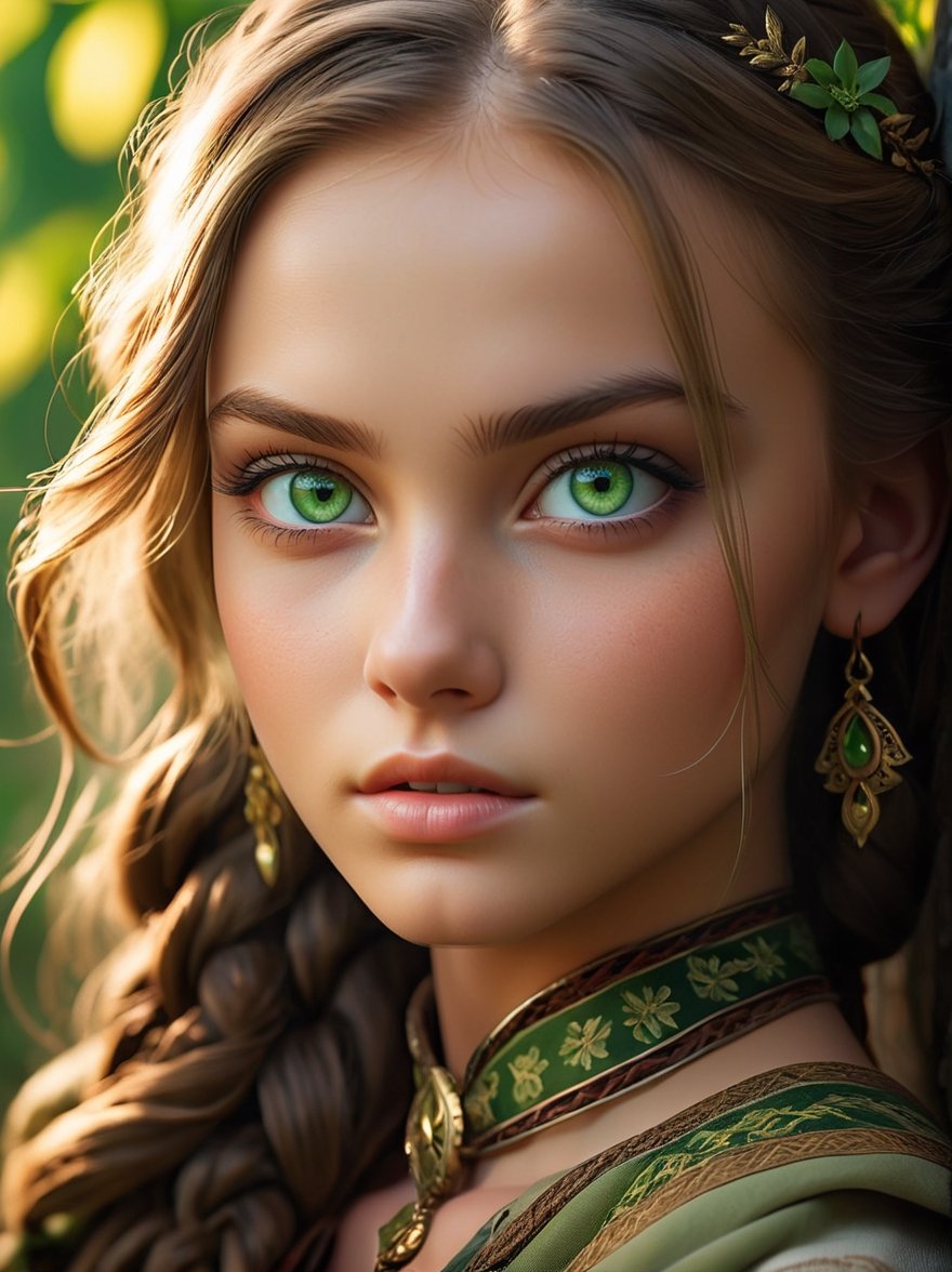 cinematic photo Portrait of a divinely beautiful, gorgeous, stunning, cute, Ukrainian teen girl with striking green eyes in the war . The luminosity of her green eyes is the focal point, contrasting with the earthy tones of her attire. Influenced by the realistic styles of classic portrait artists, with a focus on intricate detailing and natural lighting . The end result should be a high-resolution portrait capturing her cultural essence and the vividness of her eyes, 35mm photograph, film, bokeh, professional, 4k, highly detailed